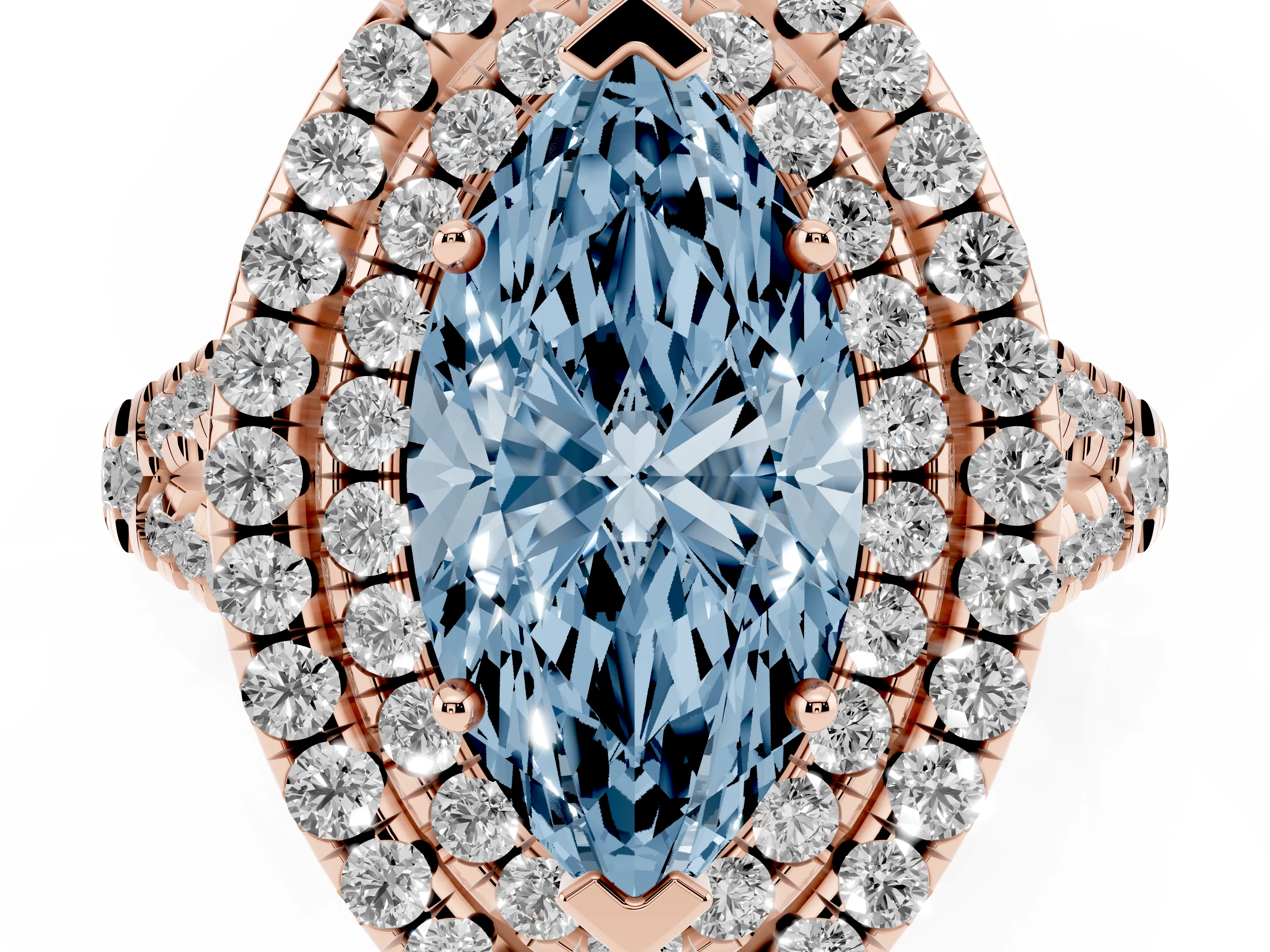 Fancy Blue Marquise Cut Diamond Double Halo Ring Set in Rose gold with Pavé Split Shank and Prong Setting