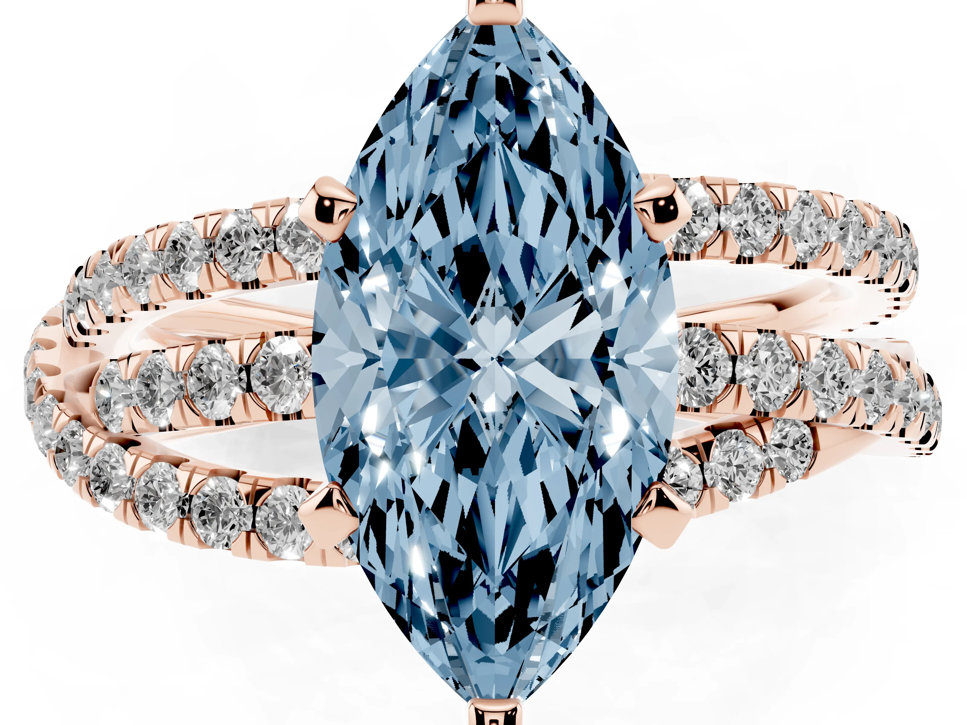 Fancy Blue Marquise Cut Diamond Solitaire Twist Band Ring Set in Rose gold with Pavé Setting and Prong Head