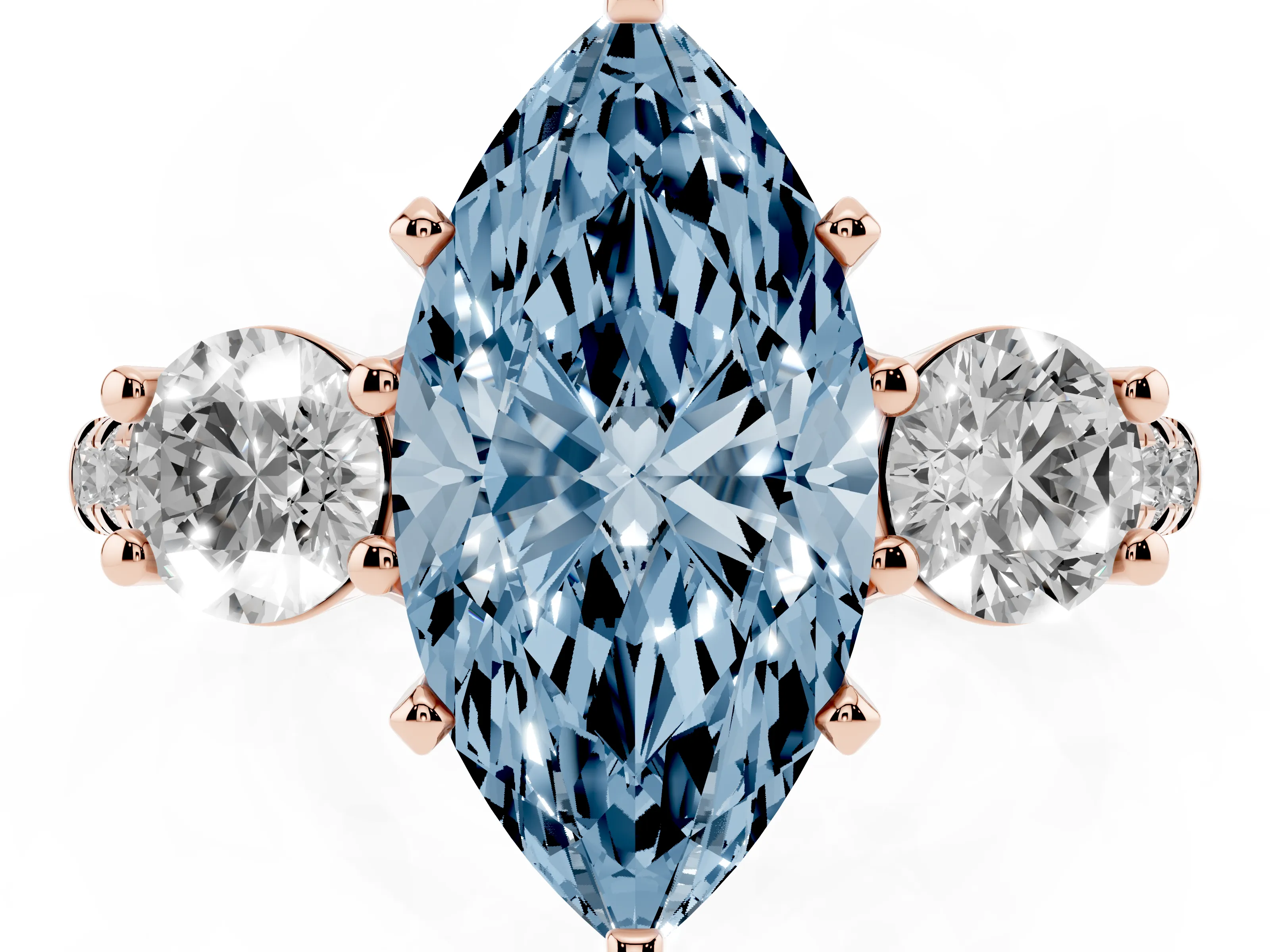 Fancy Blue Three-Stone Marquise Cut Diamond Pavé Band Ring Set in Rose gold with Prong-Set Trio