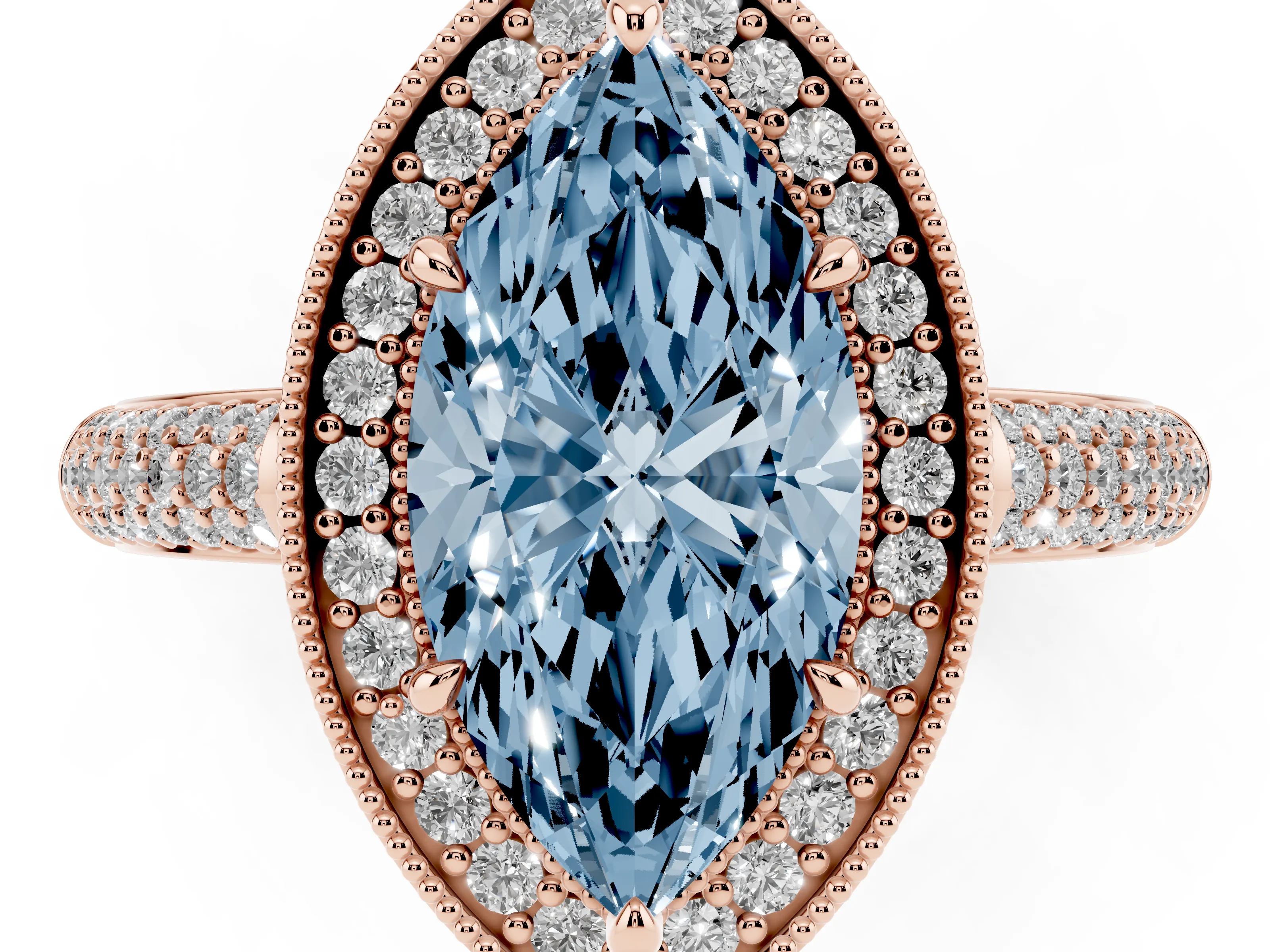 Fancy Blue Marquise Cut Diamond Halo Pavé Band Set in Rose gold with Prong Setting