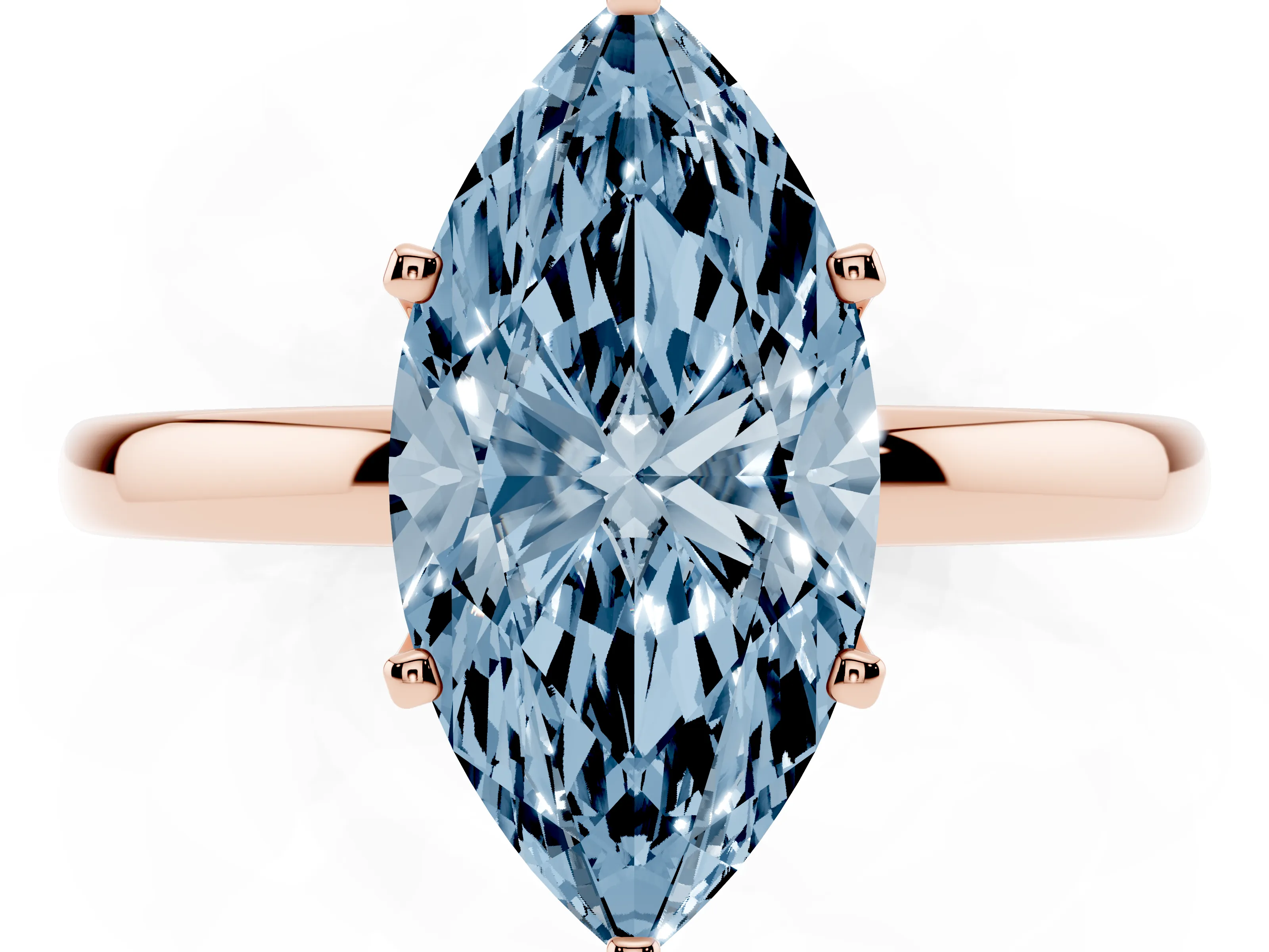 Fancy Blue Marquise Cut Diamond Solitaire Ring Set in Rose gold with Raised Prong Setting on a Classic Band