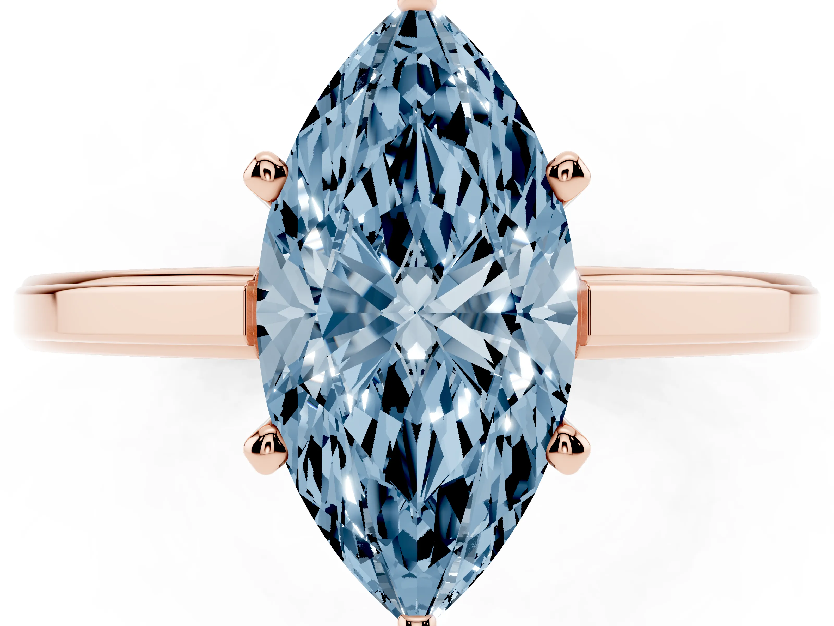 Fancy Blue Marquise Cut Diamond Solitaire Ring Set in Rose gold with Prong Setting and Classic Band