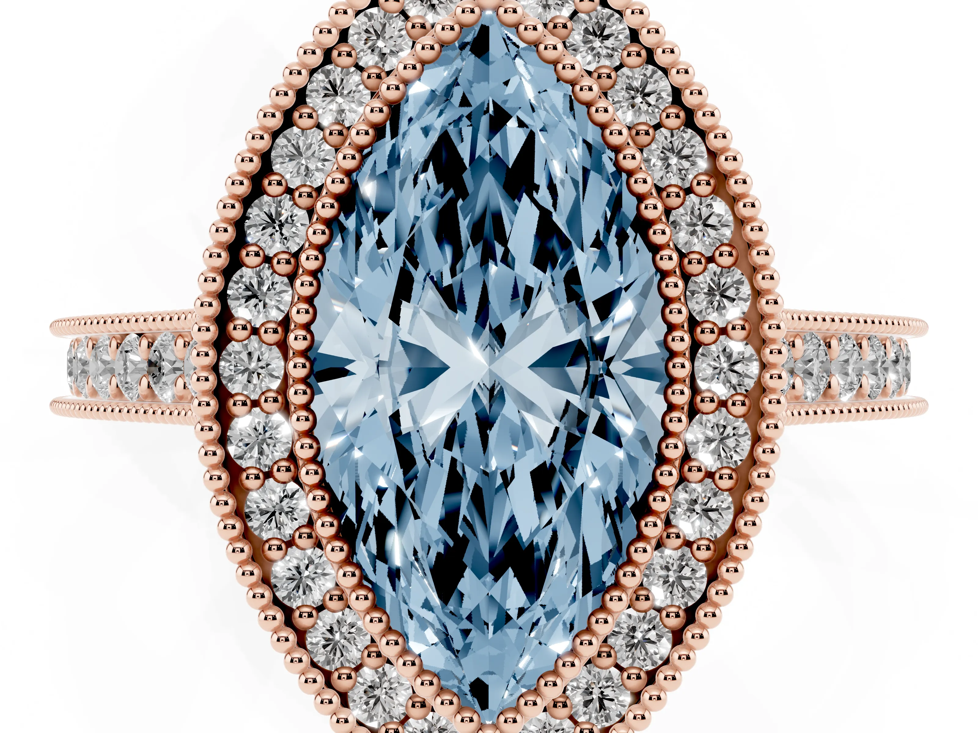 Fancy Blue Marquise Cut Diamond Halo Milgrain Pavé Band Ring Set in Rose gold with Prong Setting