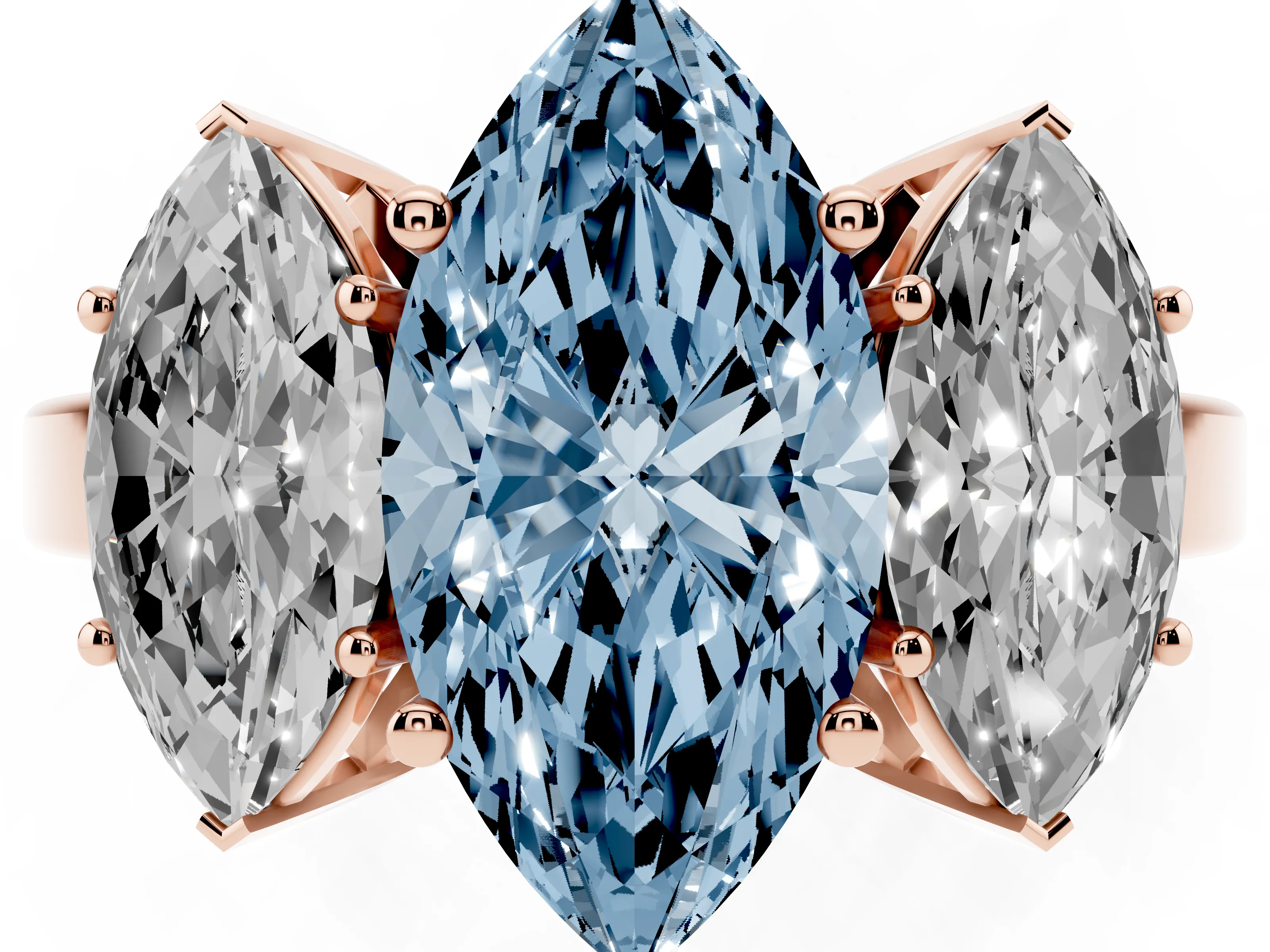 Fancy Blue Marquise Cut Diamond Three-Stone Engagement Ring Set in Rose gold with Flat Band