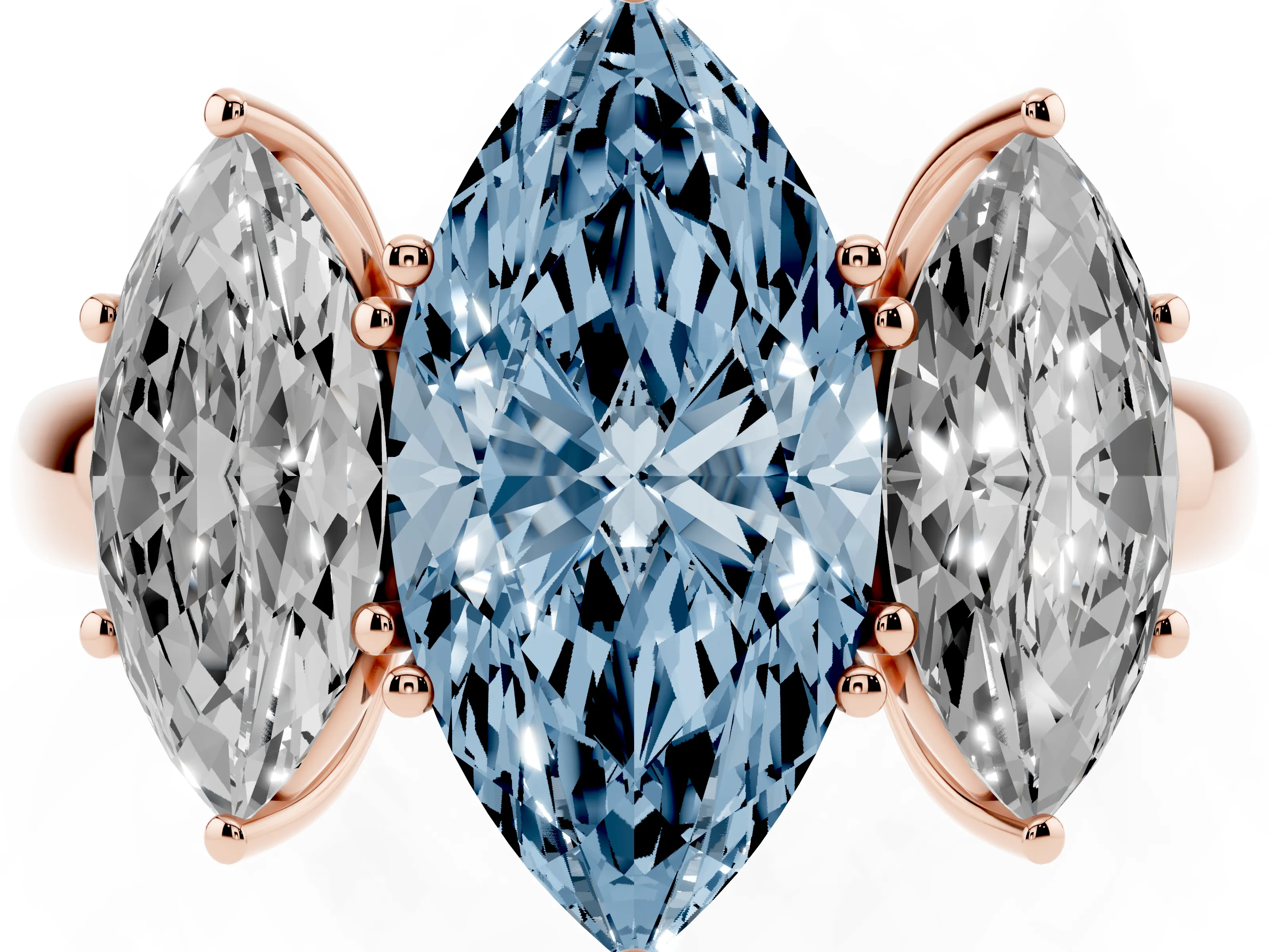 Fancy Blue Marquise Cut Diamond Three-Stone Ring Set in Rose gold with Bold Center and Classic Band