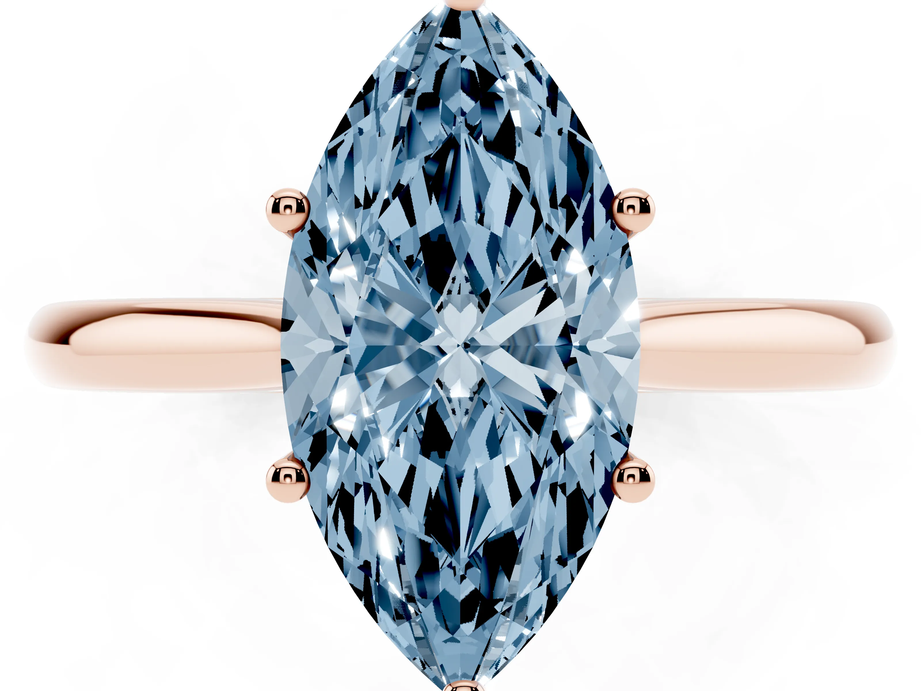Fancy Blue Marquise Cut Diamond Solitaire Ring Set in Rose gold with Cathedral Band and Prong Setting