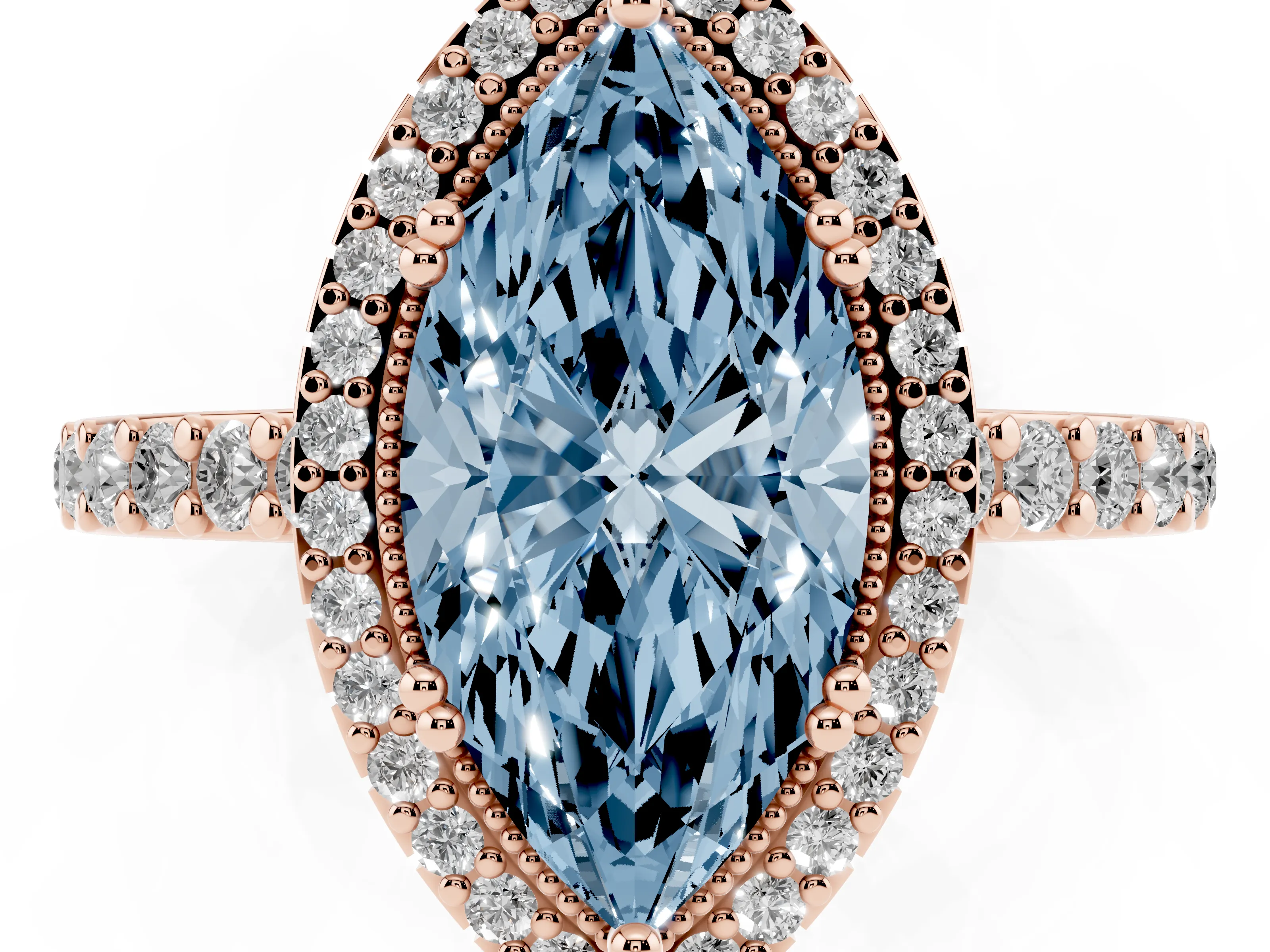 Fancy Blue Marquise Cut Diamond Halo Engagement Ring Set in Rose gold with Milgrain Detail and Pavé Band