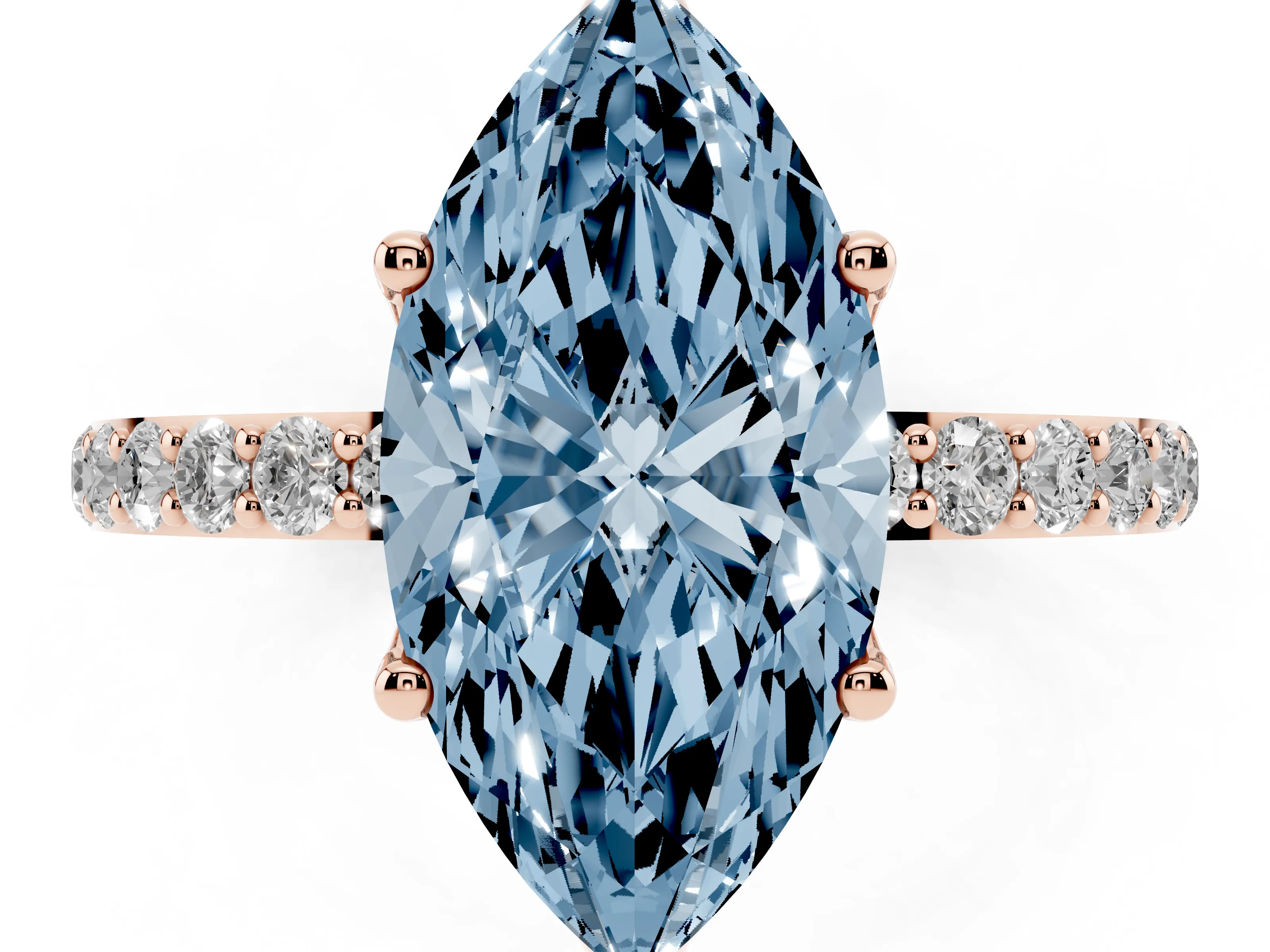 Fancy Blue Marquise Cut Diamond Solitaire Engagement Ring Set in Rose gold with Round Pavé Band and Prong Setting