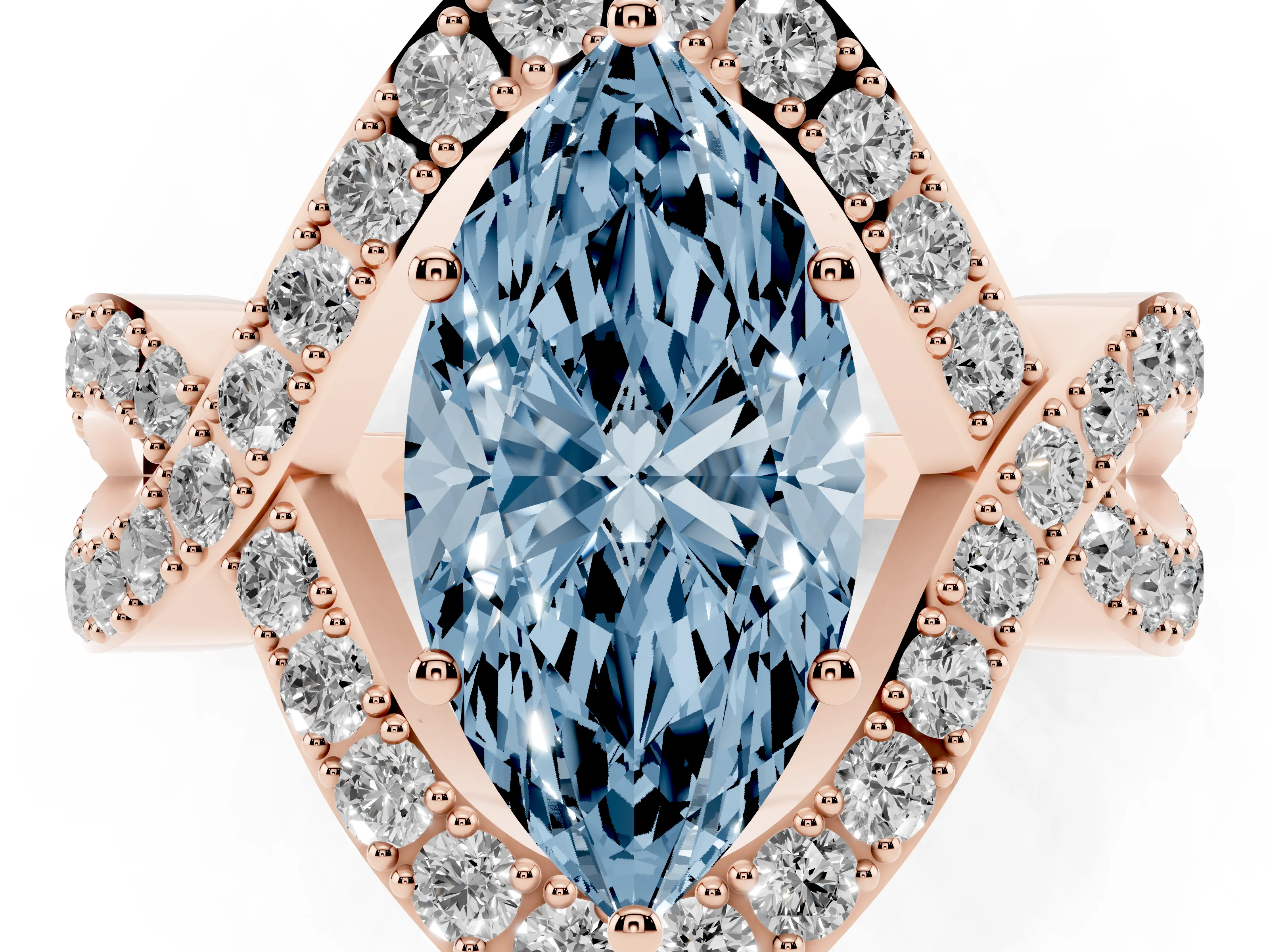 Fancy Blue Marquise Cut Diamond Solitaire Twist Band Pavé Engagement Ring Set in Rose gold
