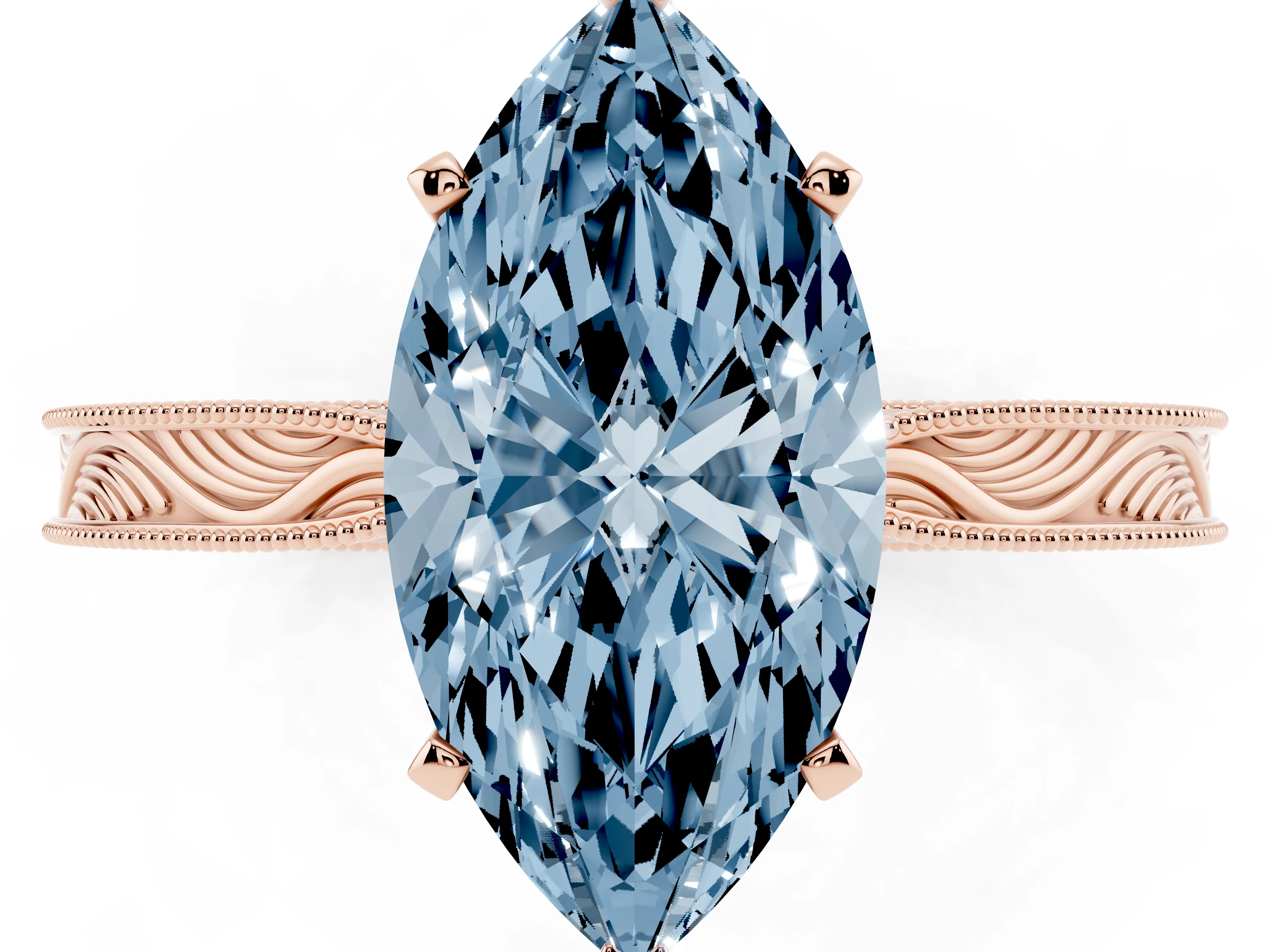 Fancy Blue Marquise Cut Diamond Solitaire Milgrain Engraved Band Set in Rose gold with Prong Setting