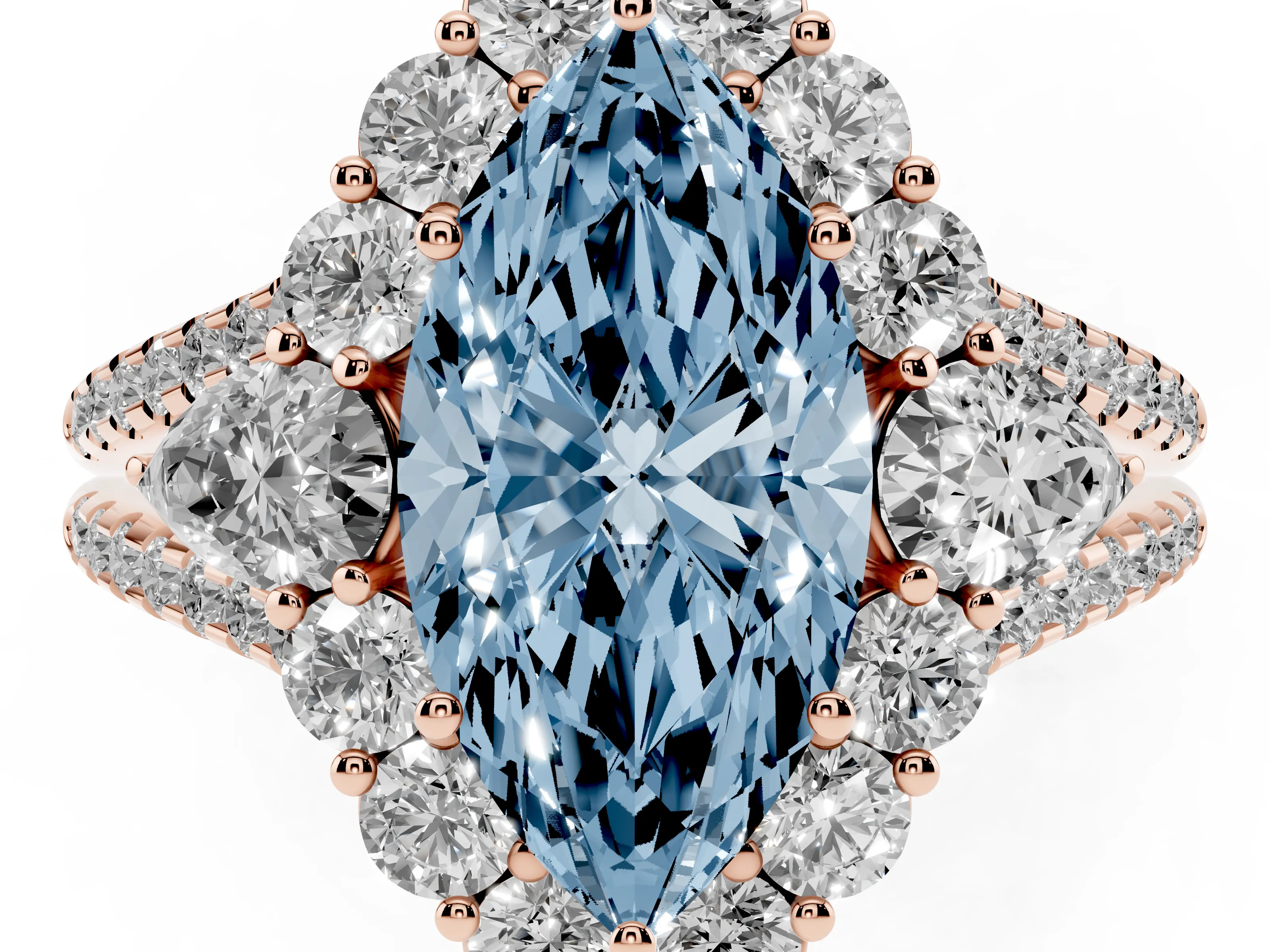 Fancy Blue Marquise Cut Diamond Halo Split Shank Engagement Ring Set in Rose gold with Prong-Held Center Stone
