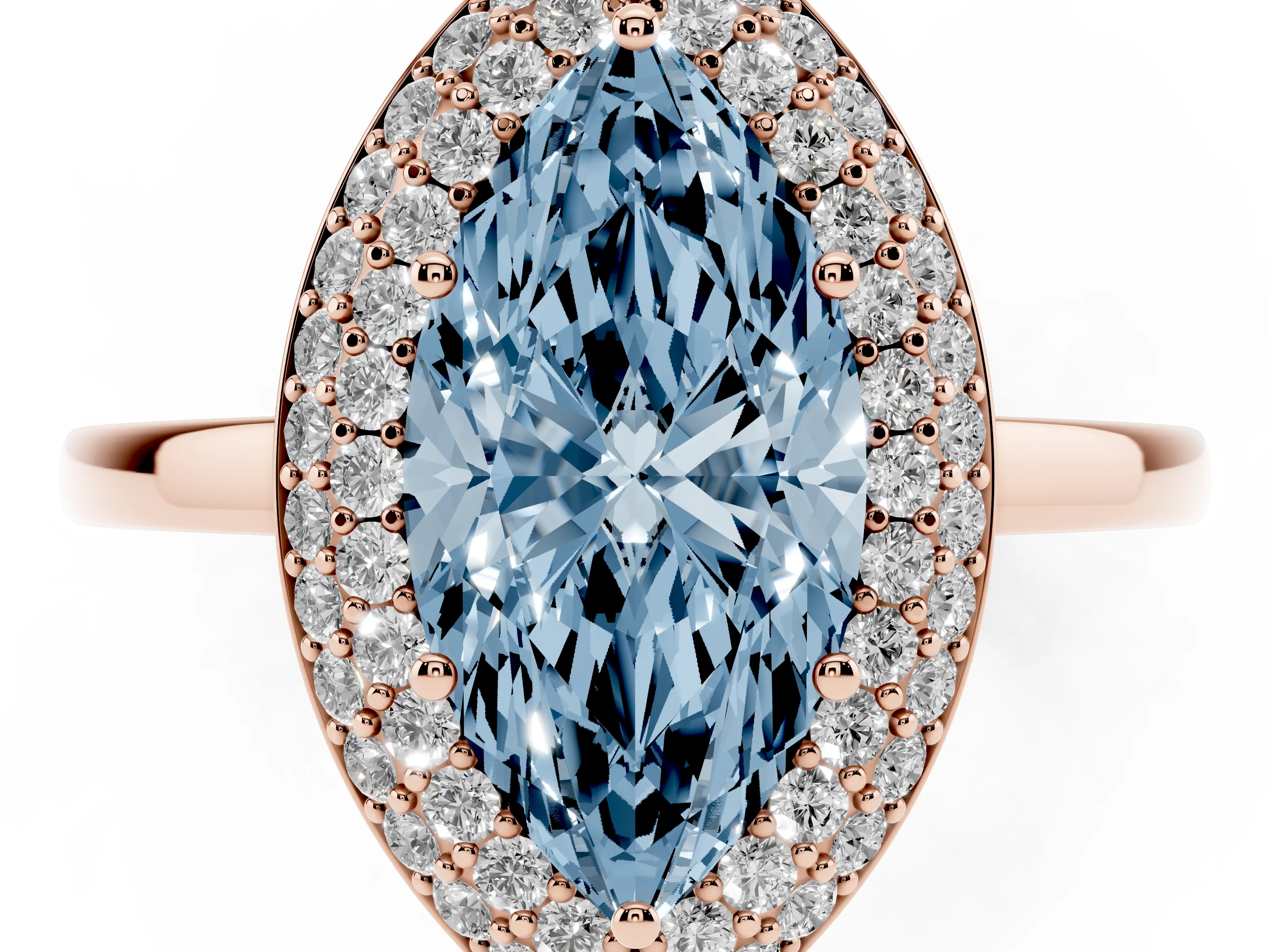 Fancy Blue Marquise Cut Diamond Halo Engagement Ring Set in Rose gold with Solitaire Band and Prong Setting
