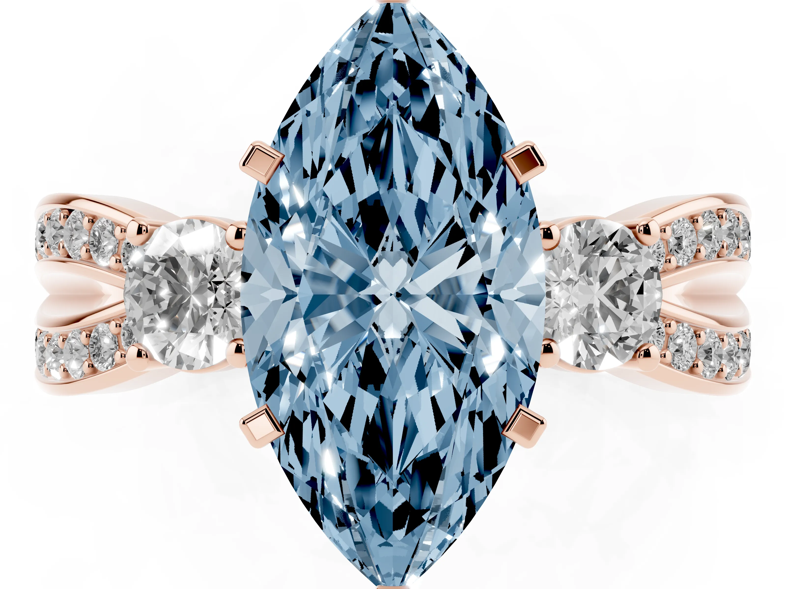 Fancy Blue Three-Stone Marquise Cut Diamond Twist Band Ring Set in Rose gold with Pavé Accents and Prong Setting