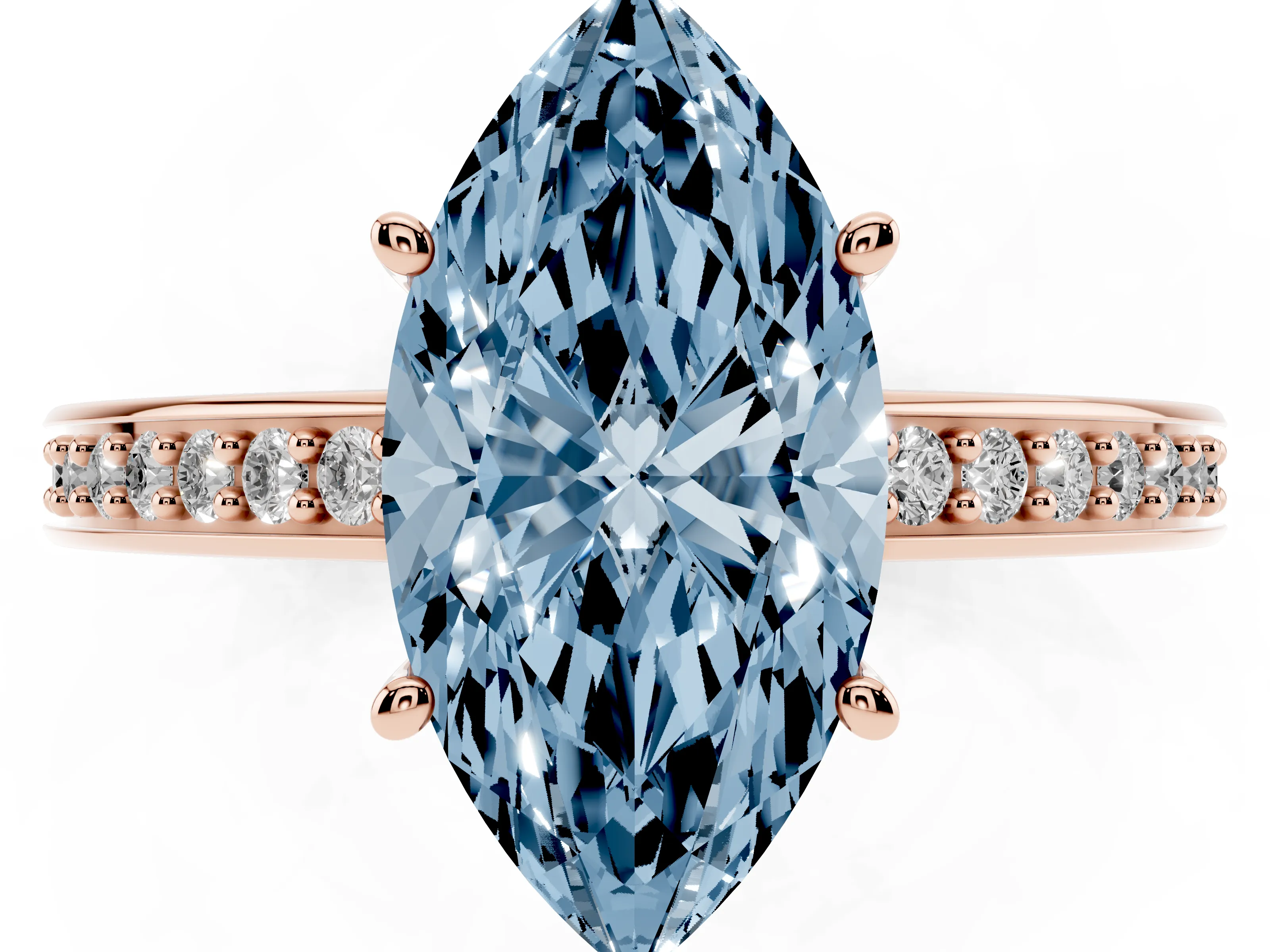 Fancy Blue Marquise Cut Diamond Pavé Band Prong Set Solitaire Ring Set in Rose gold