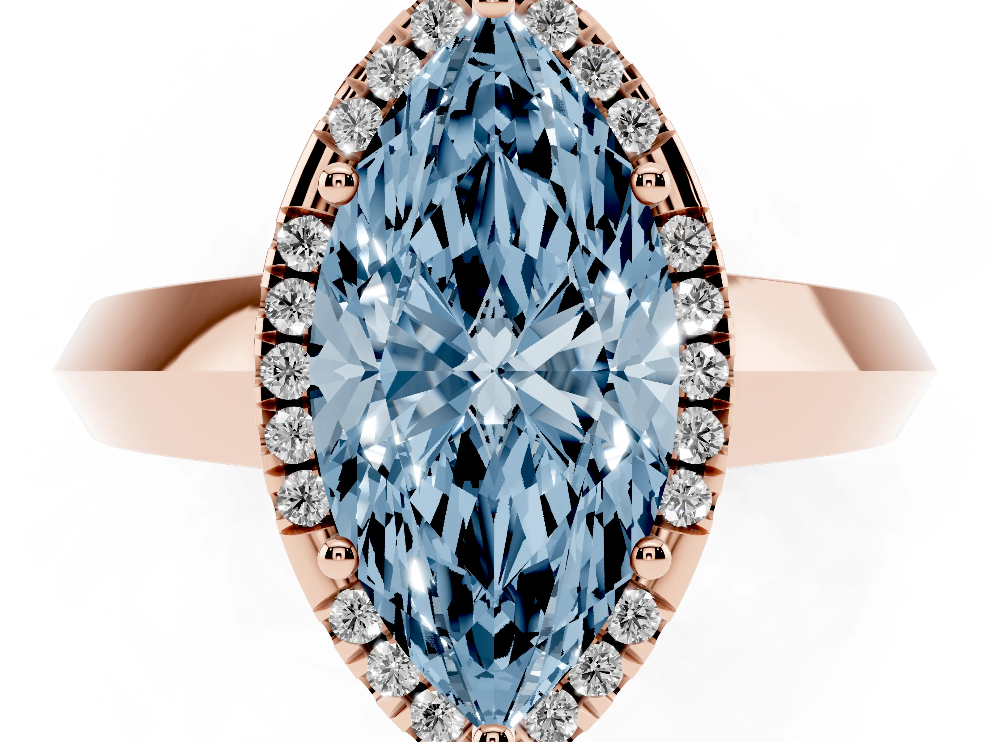 Fancy Blue Marquise Cut Diamond Halo Ring Set in Rose gold with Cathedral Band and Prong Setting