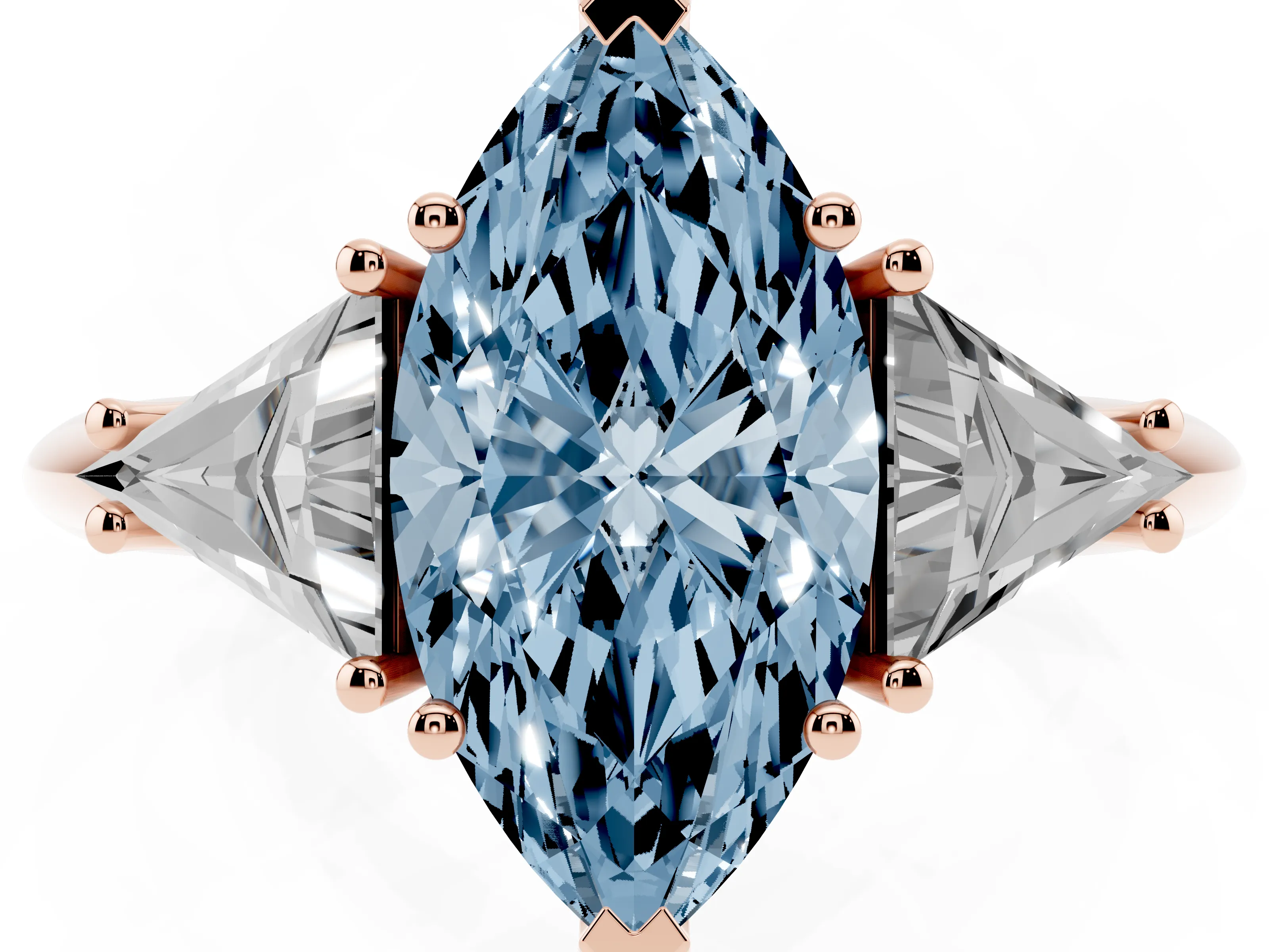 Fancy Blue Marquise Cut Diamond Three-Stone Engagement Ring Set in Rose gold with Trillion Side Stones