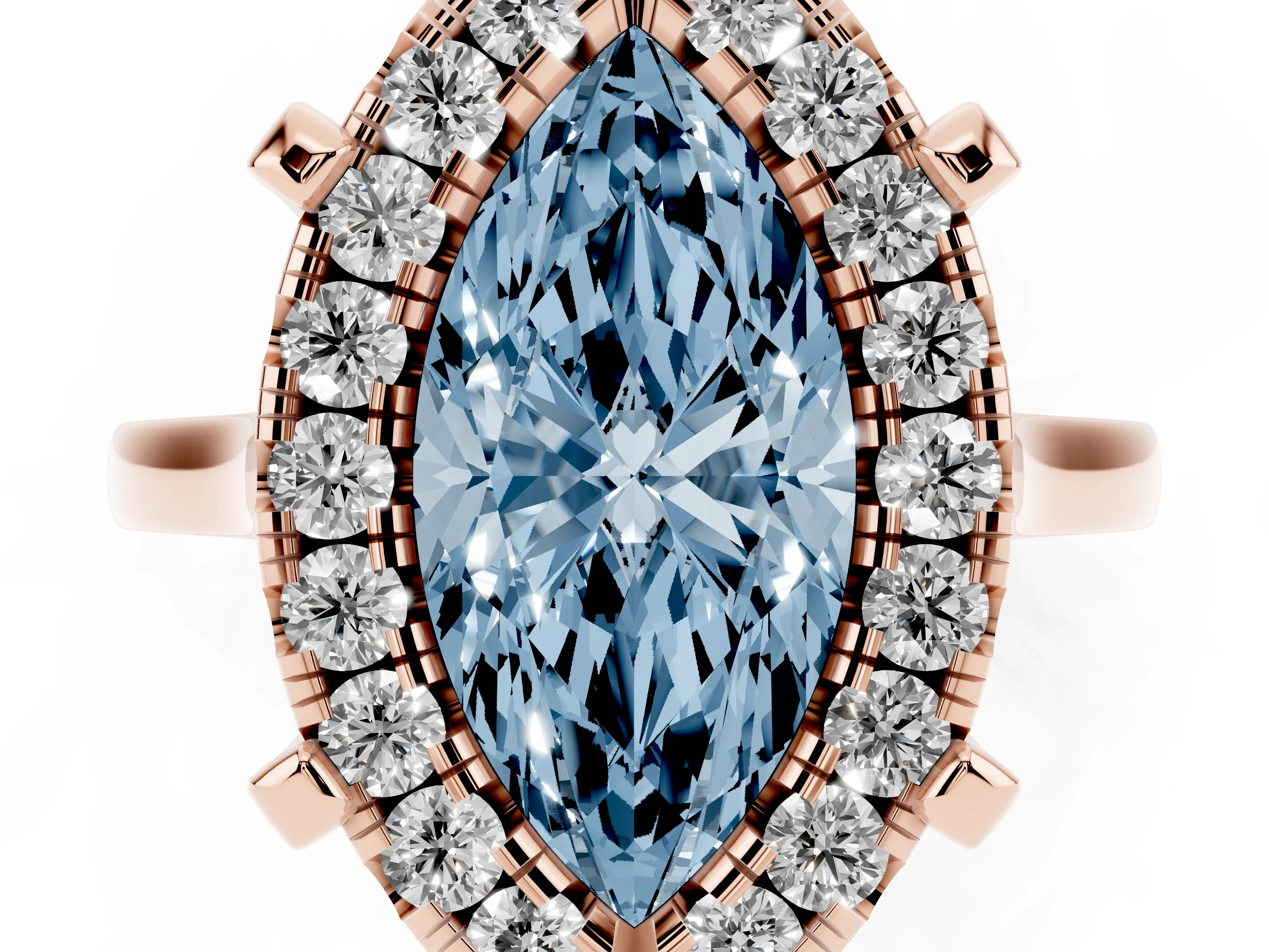 Fancy Blue Marquise Cut Diamond Cluster Halo Solitaire Ring Set in Rose gold with Prong Setting