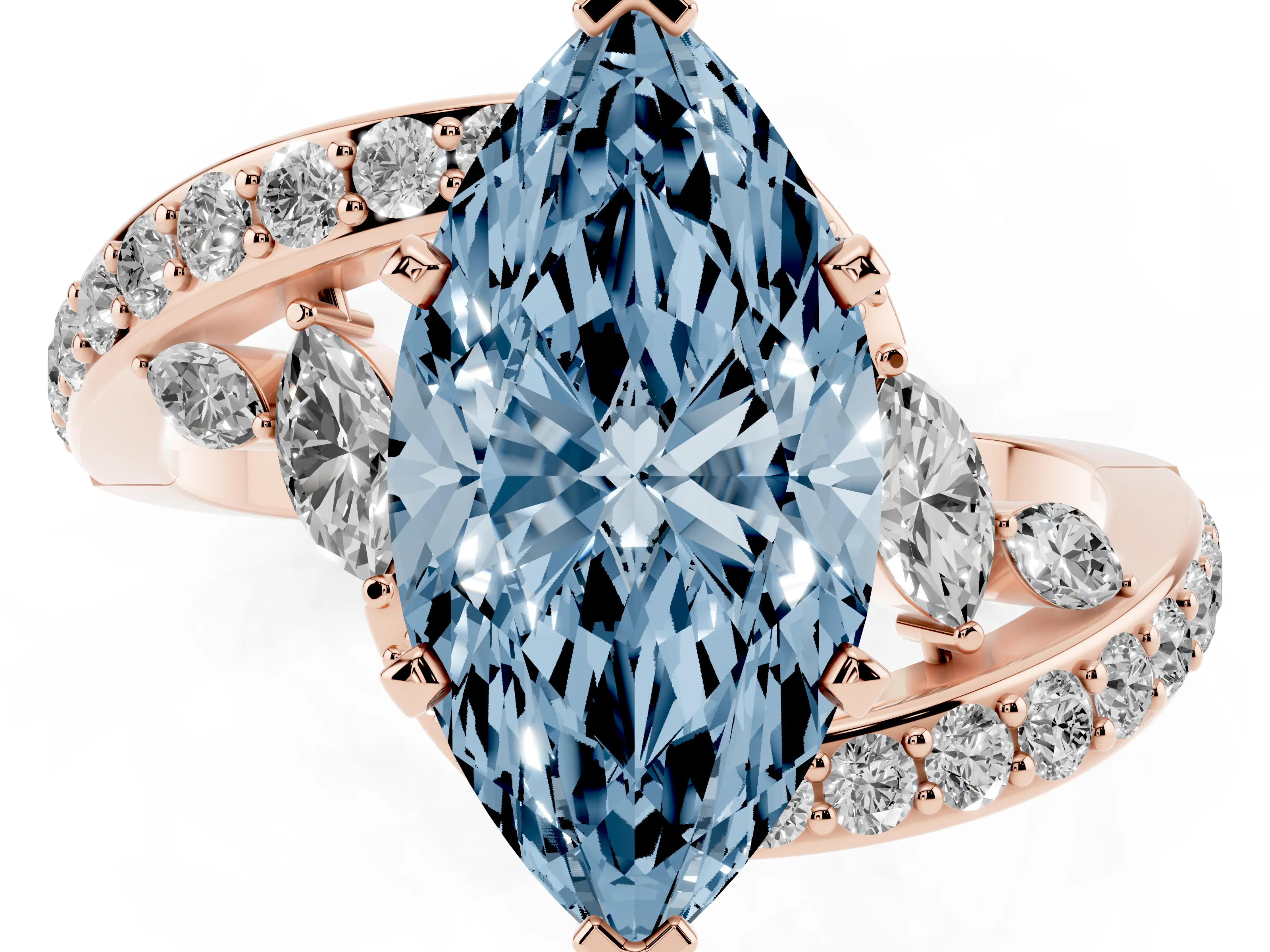 Fancy Blue Marquise Cut Diamond Solitaire Ring Set in Rose gold with Pavé Twist Band and Secure Prong Setting