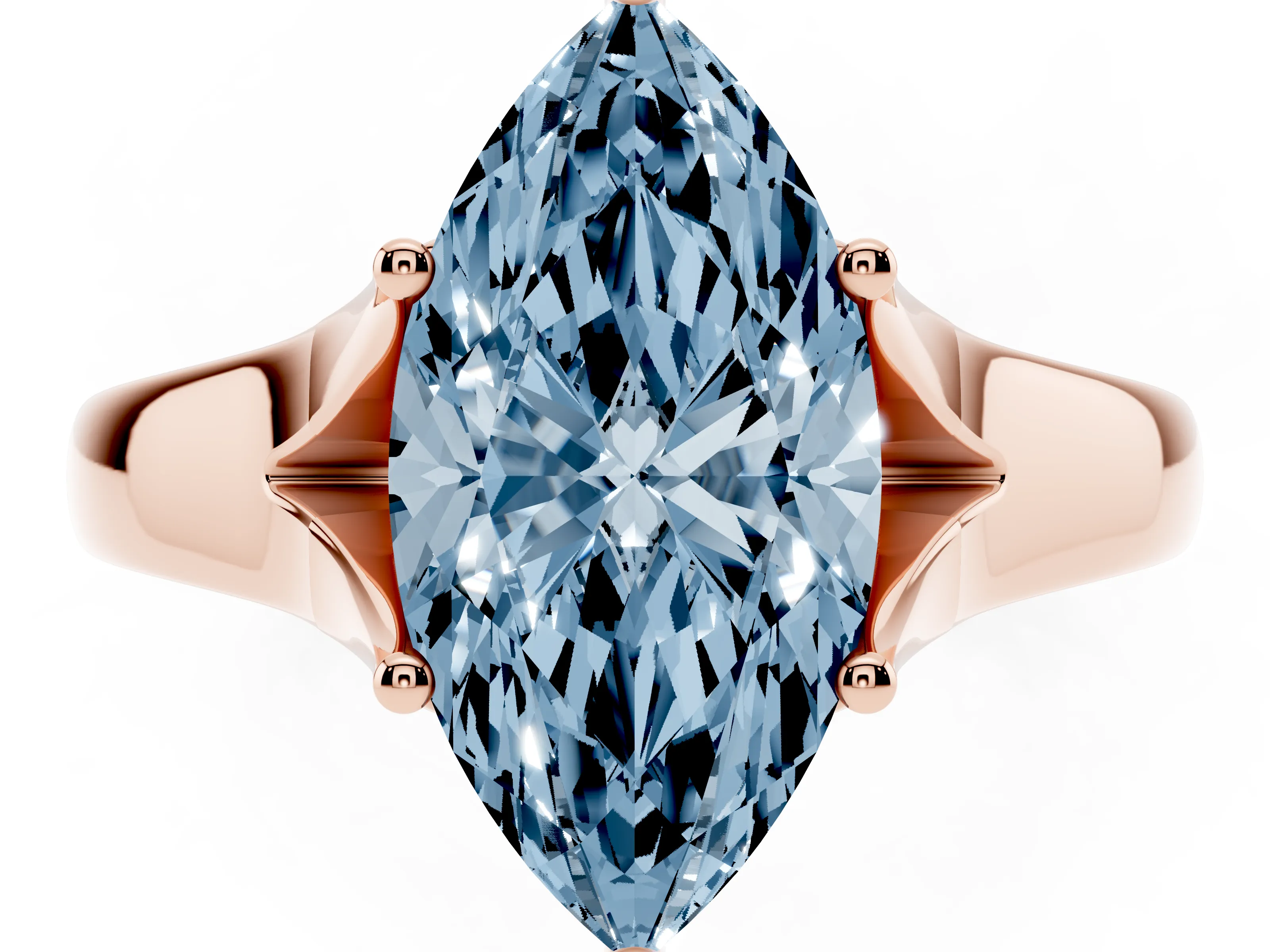 Fancy Blue Marquise Cut Diamond Solitaire Ring Set in Rose gold with Arched Cathedral Band and Prong Setting