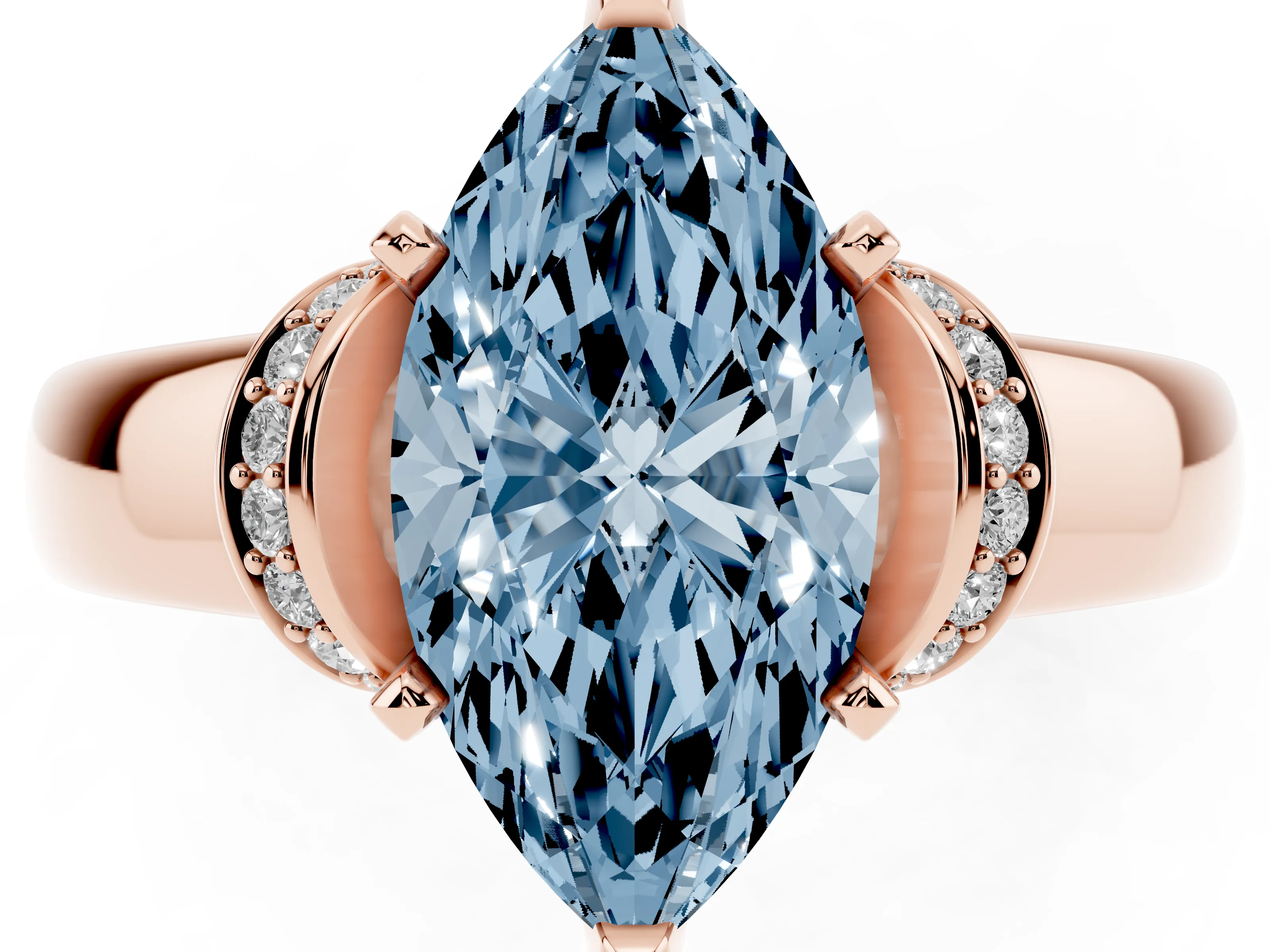 Fancy Blue Marquise Cut Diamond Pavé Band Solitaire Ring Set in Rose gold with Prong Setting