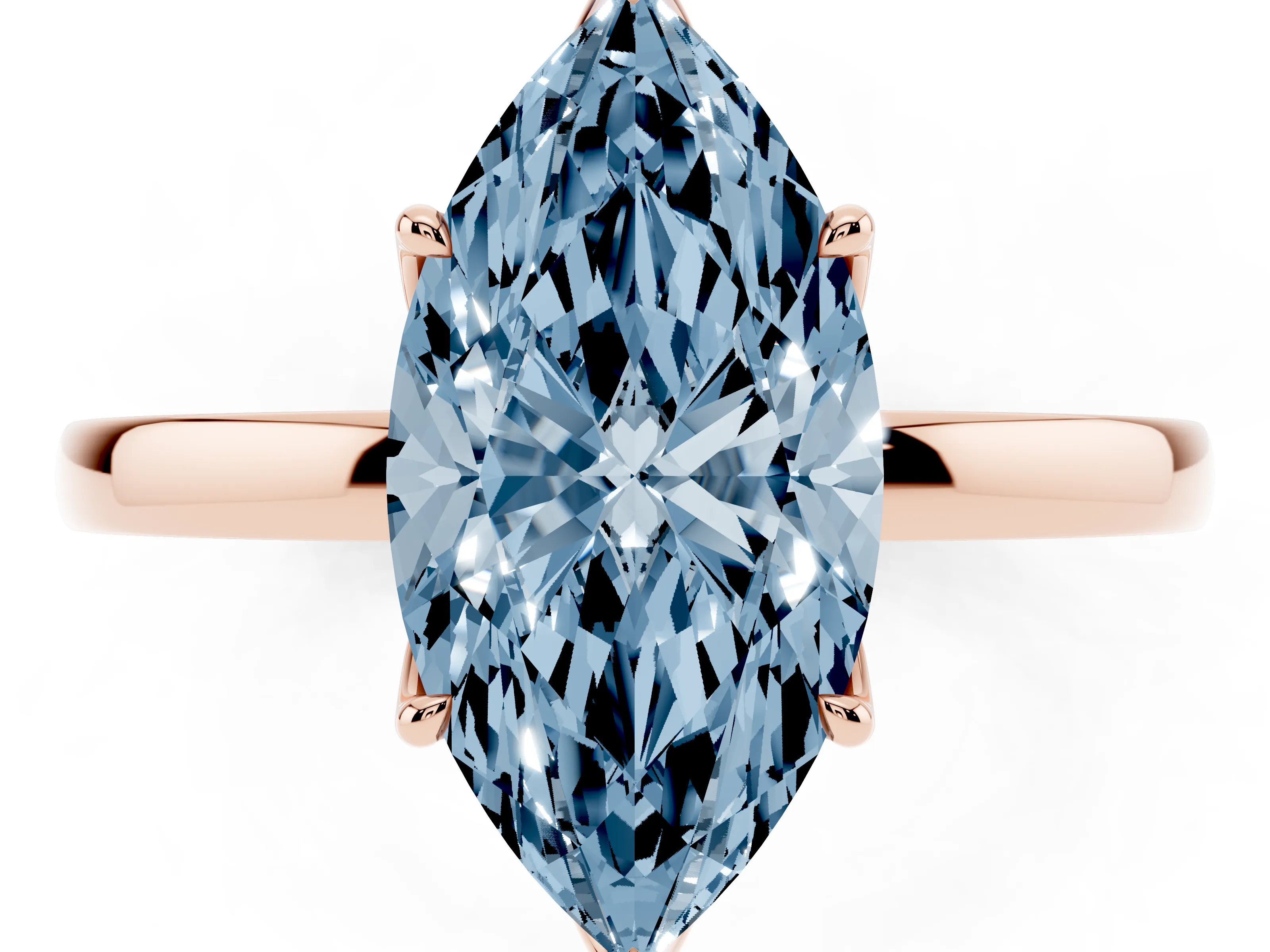 Fancy Blue Marquise Cut Diamond Solitaire Ring Set in Rose gold with Prong Setting and Thin Polished Band