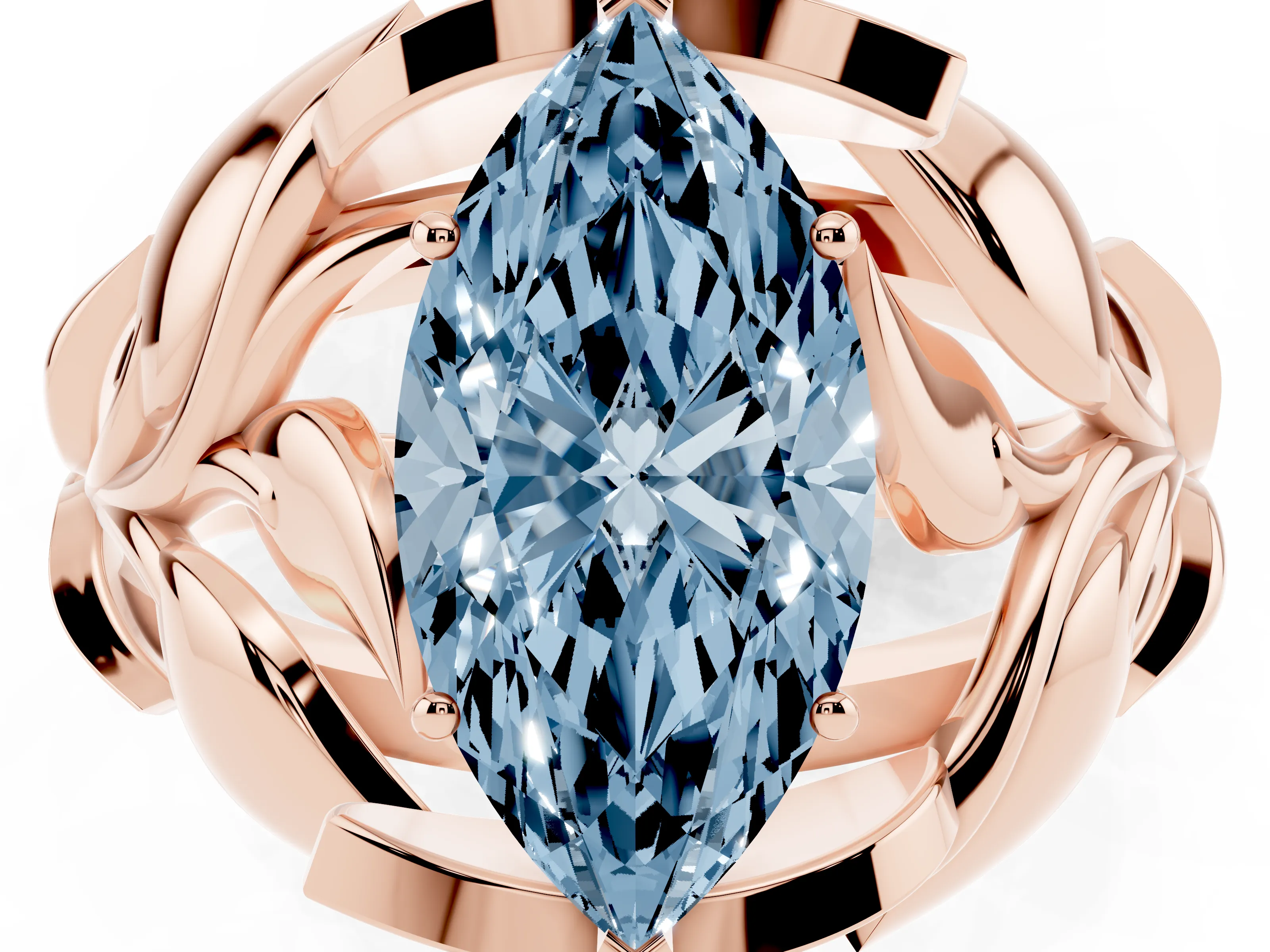 Fancy Blue Marquise Cut Diamond Leaf-Inspired Engagement Ring Set in Rose gold with Round Accents