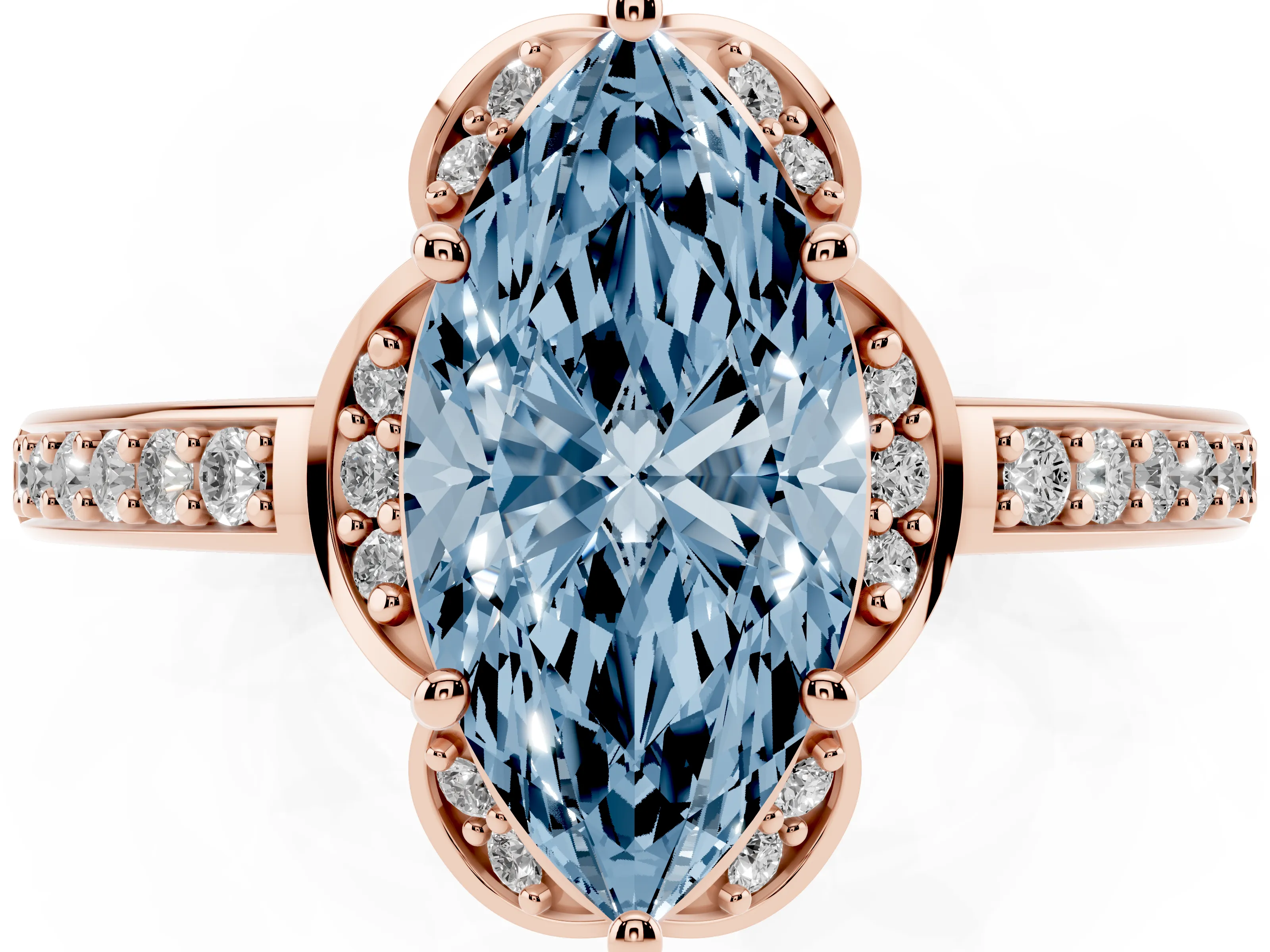 Fancy Blue Marquise Cut Diamond Halo Ring Set in Rose gold with Channel Set Band and Prong Setting