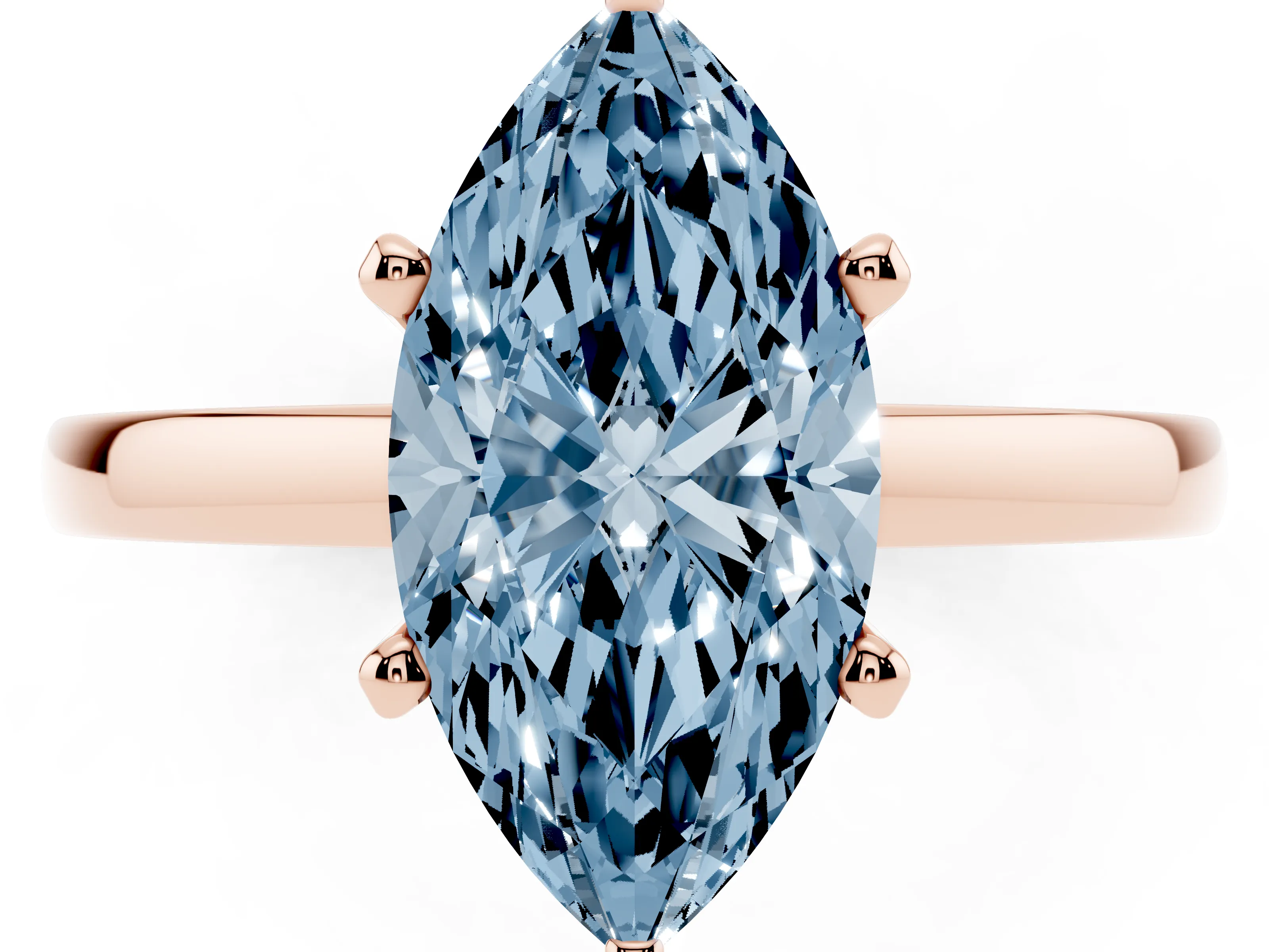Fancy Blue Marquise Cut Diamond Solitaire Engagement Ring Set in Rose gold with Prong Setting on a Classic Band