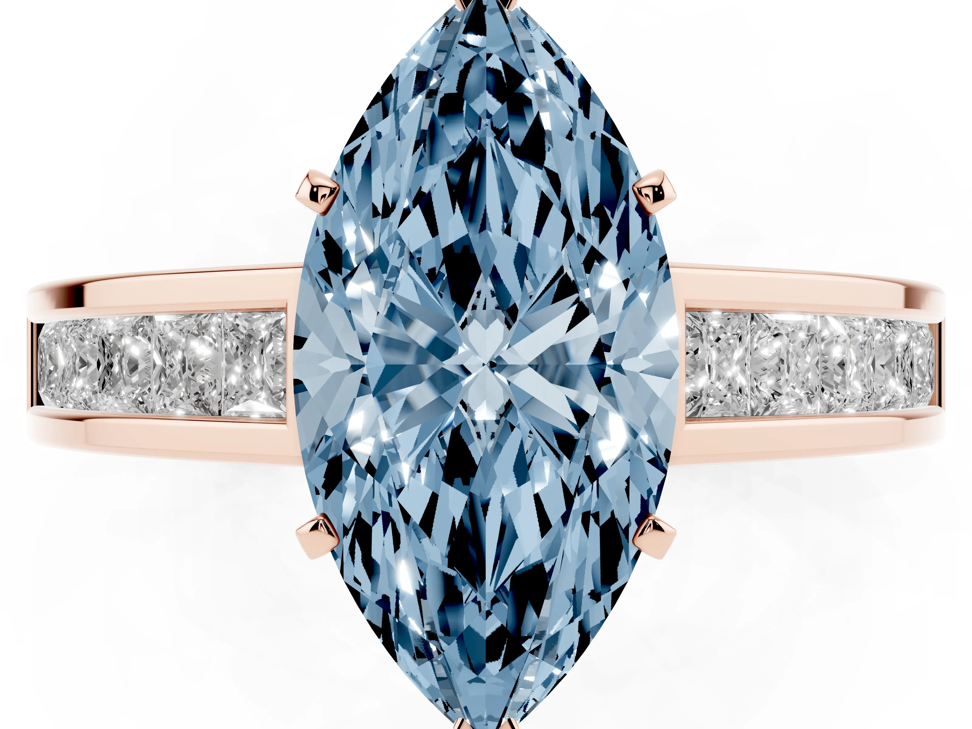 Fancy Blue Marquise Cut Diamond Solitaire Ring Set in Rose gold with Channel-Set Band and Prong Setting