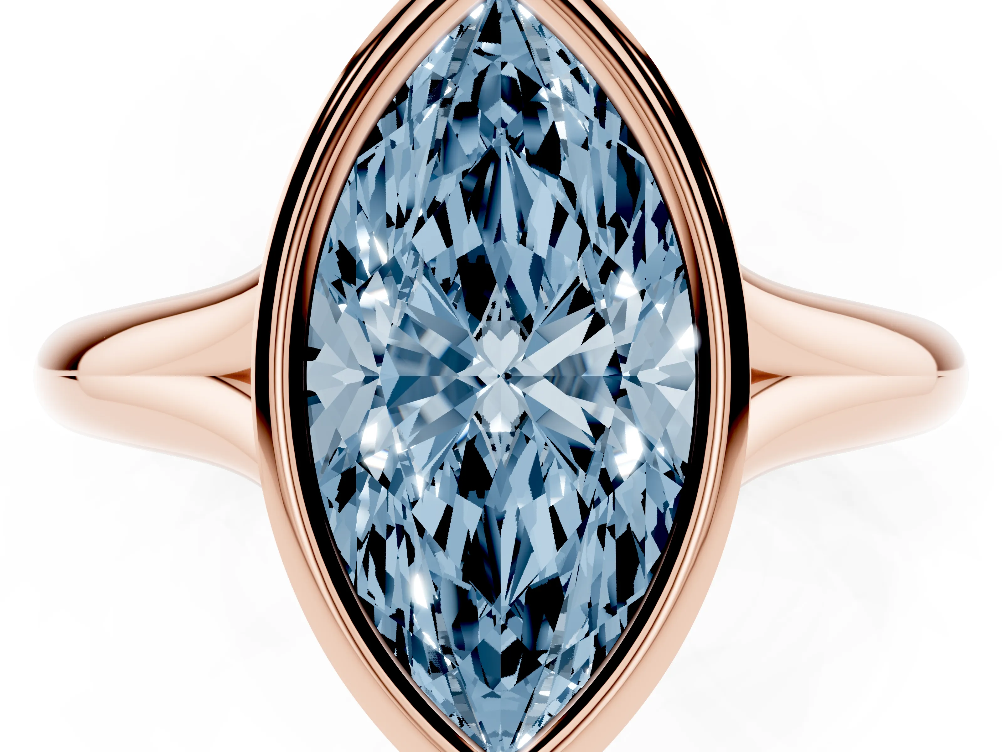 Fancy Blue Bezel Set Marquise Cut Diamond Solitaire Ring Set in Rose gold with Smooth Band