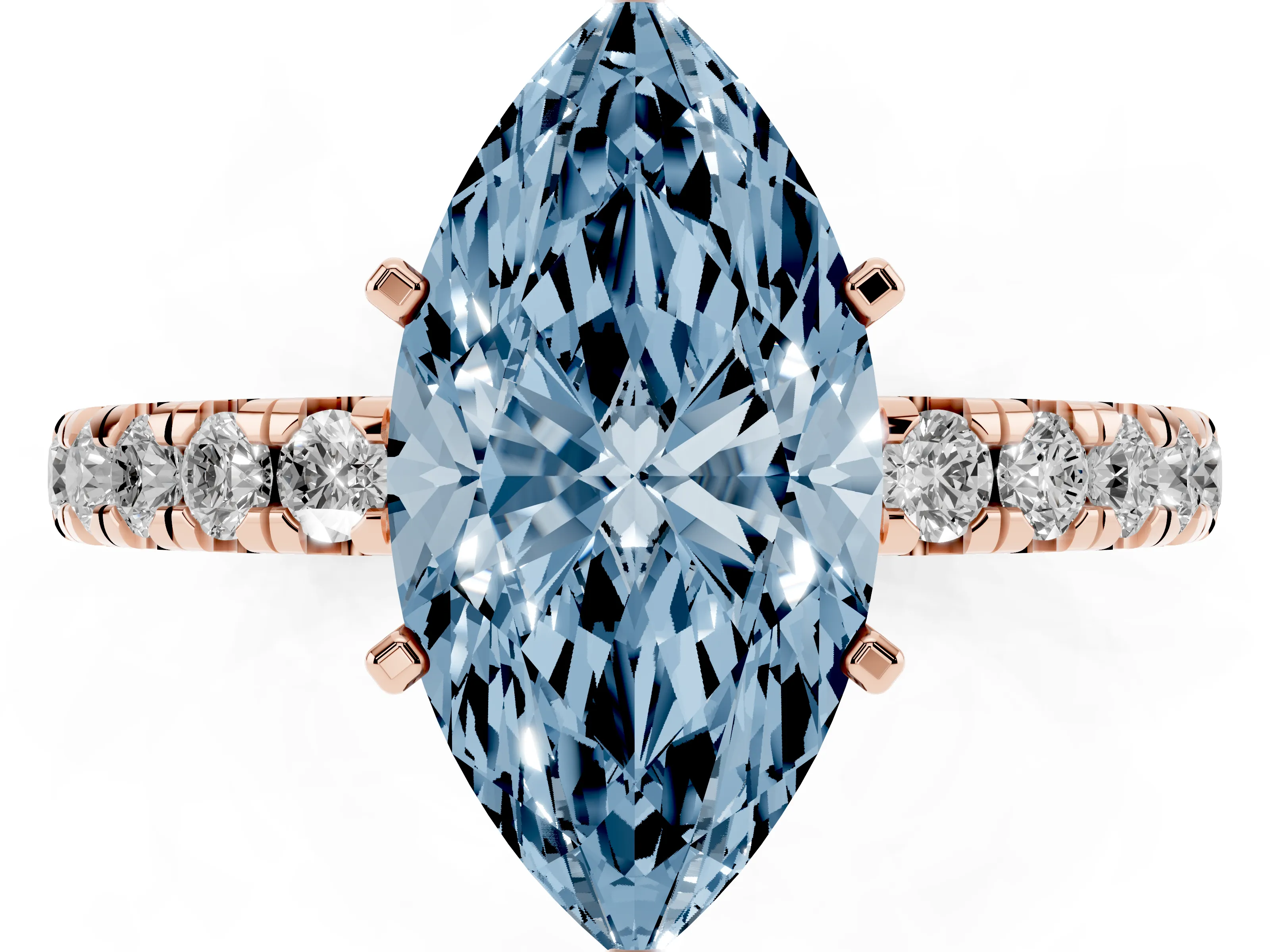 Fancy Blue Marquise Cut Diamond Pavé Solitaire Ring Set in Rose gold with Round Band and Prong Setting