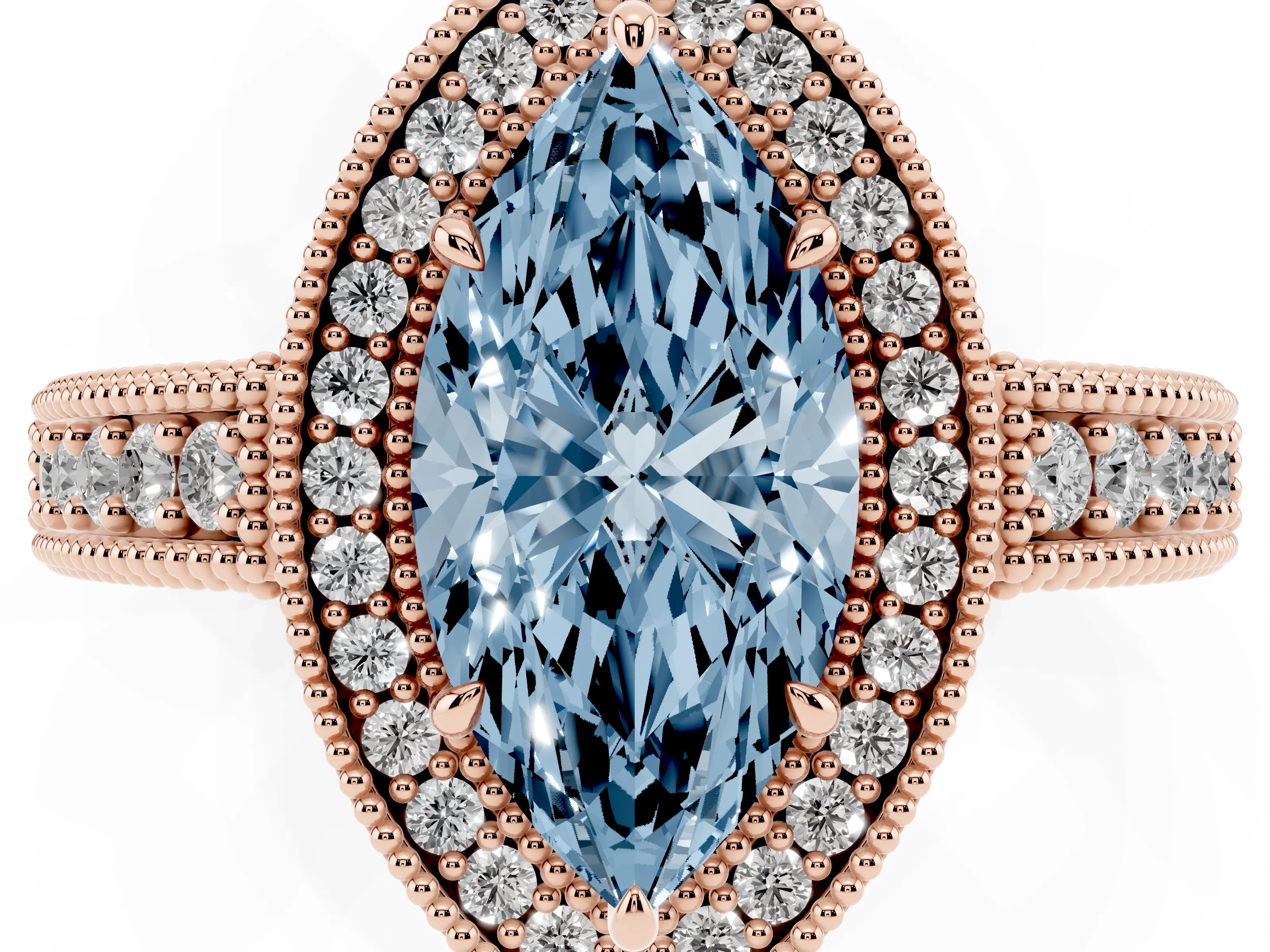 Fancy Blue Marquise Cut Diamond Halo Ring Set in Rose gold with Round Accent Halo, Pavé Band and Prong Setting