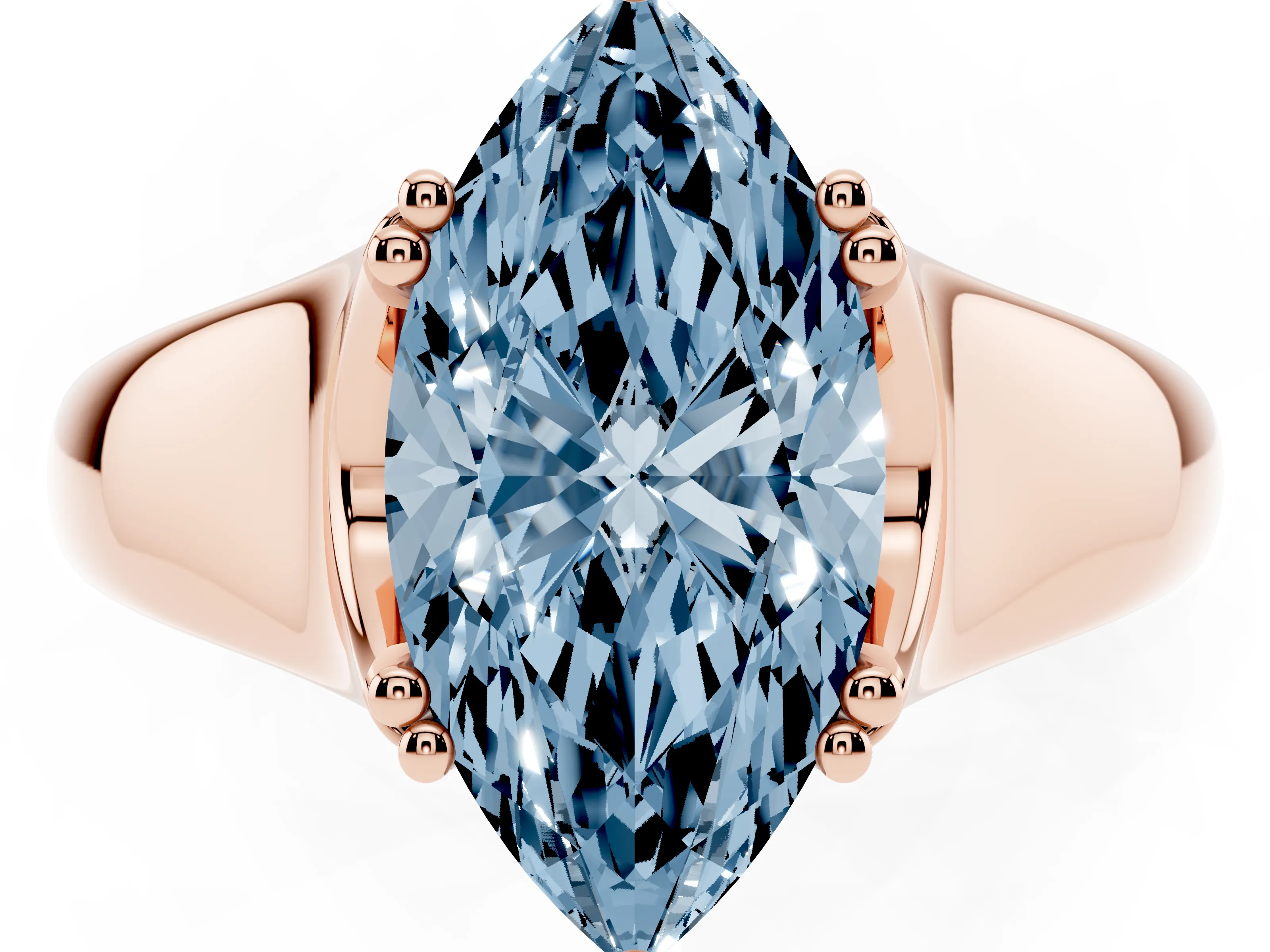 Fancy Blue Marquise Cut Diamond Solitaire Ring Set in Rose gold with Wide Band and Prong Setting