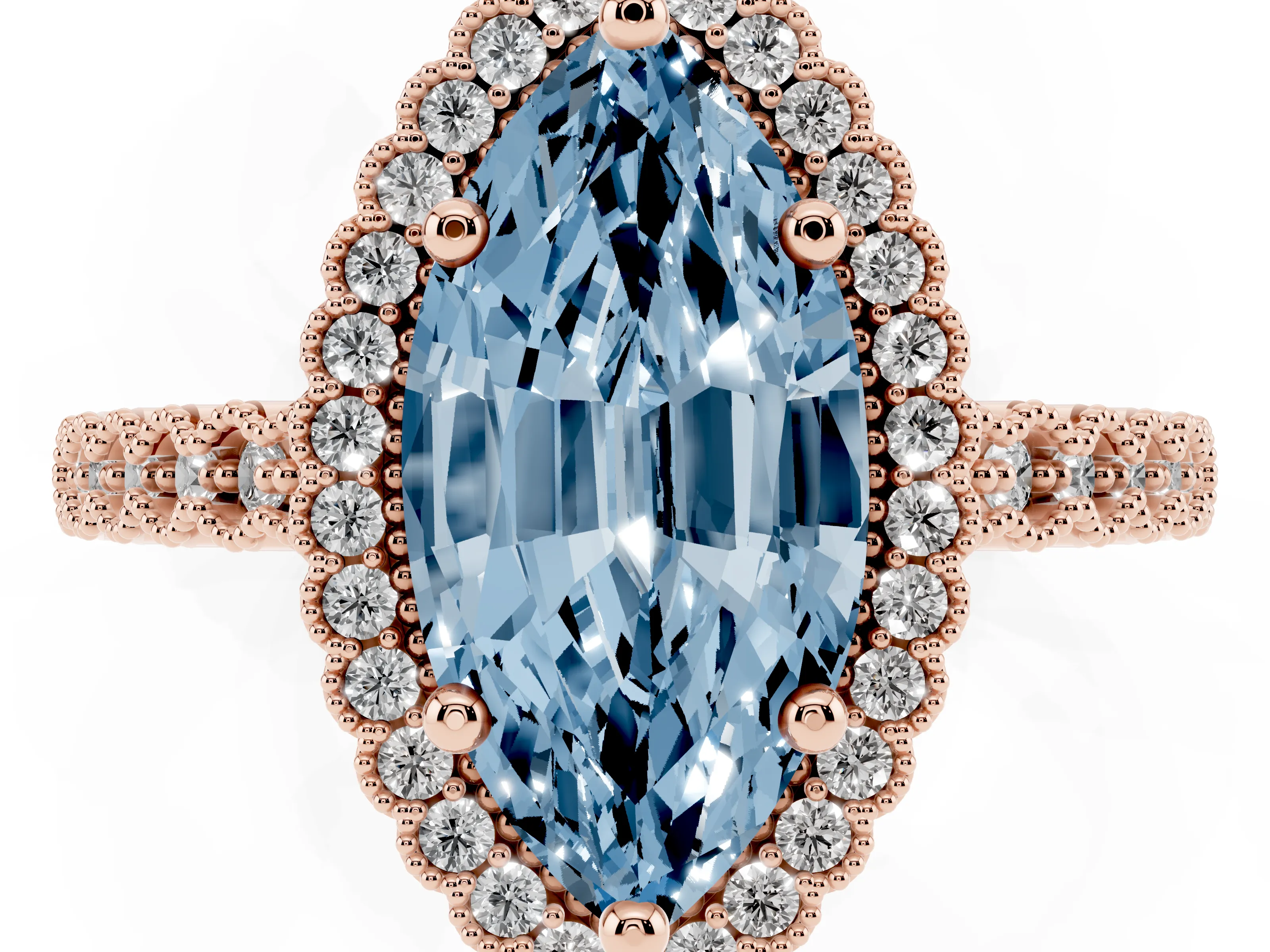 Fancy Blue Marquise Cut Diamond Halo Ring Set in Rose gold with Pavé Milgrain Band