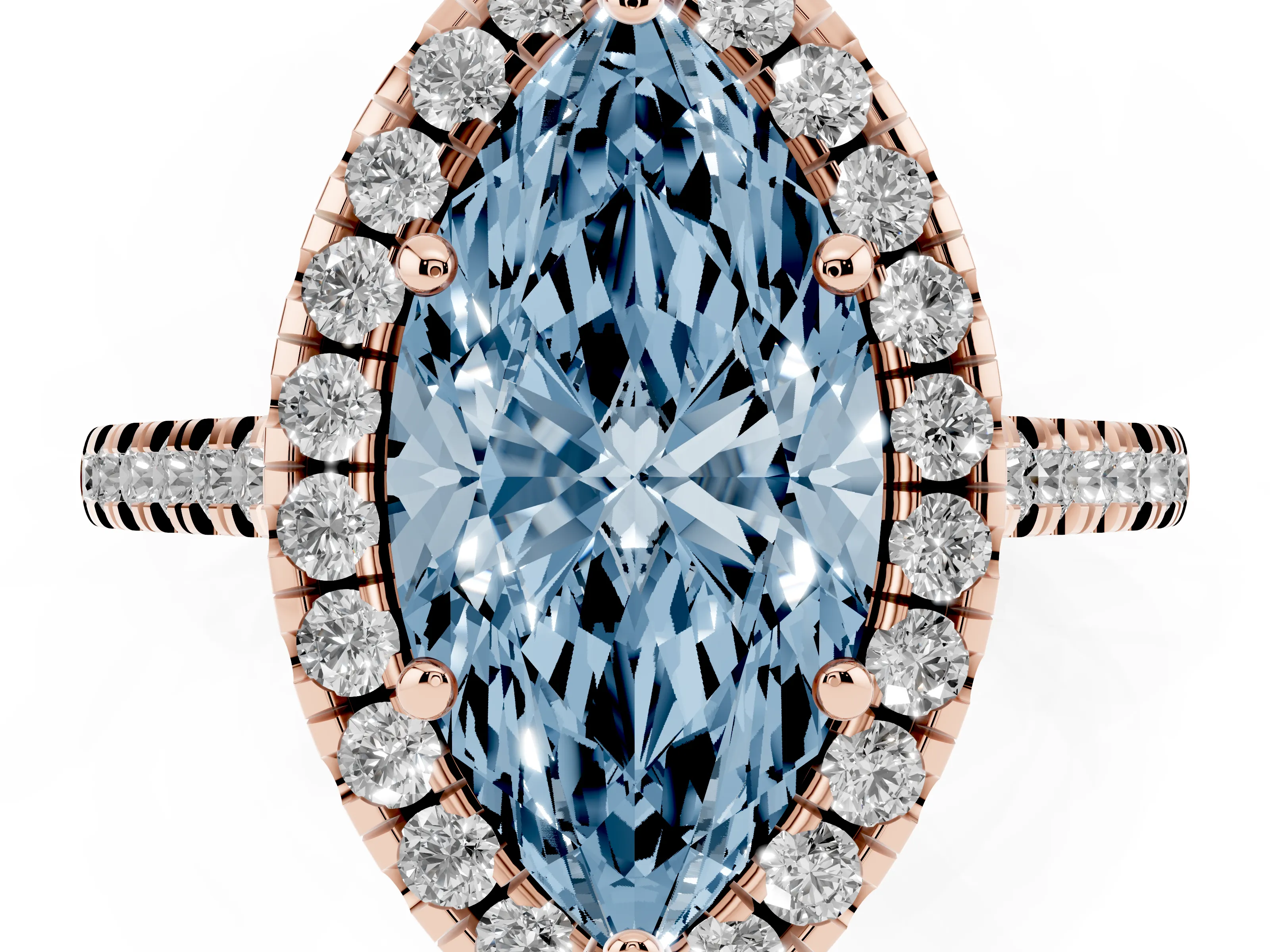 Fancy Blue Marquise Cut Diamond Cushion Halo Ring Set in Rose gold with Pavé Band