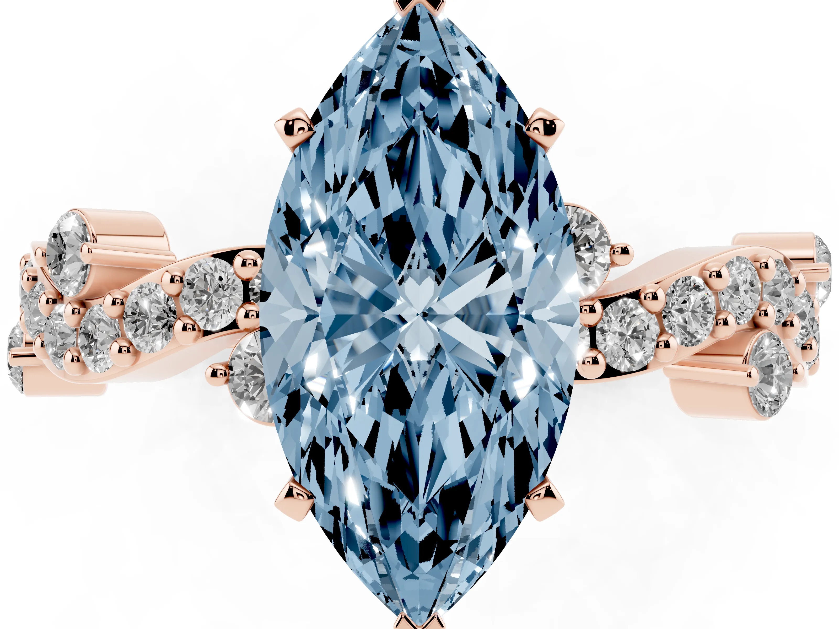 Fancy Blue Marquise Cut Diamond Solitaire Twisted Band Set in Rose gold with Pavé Setting
