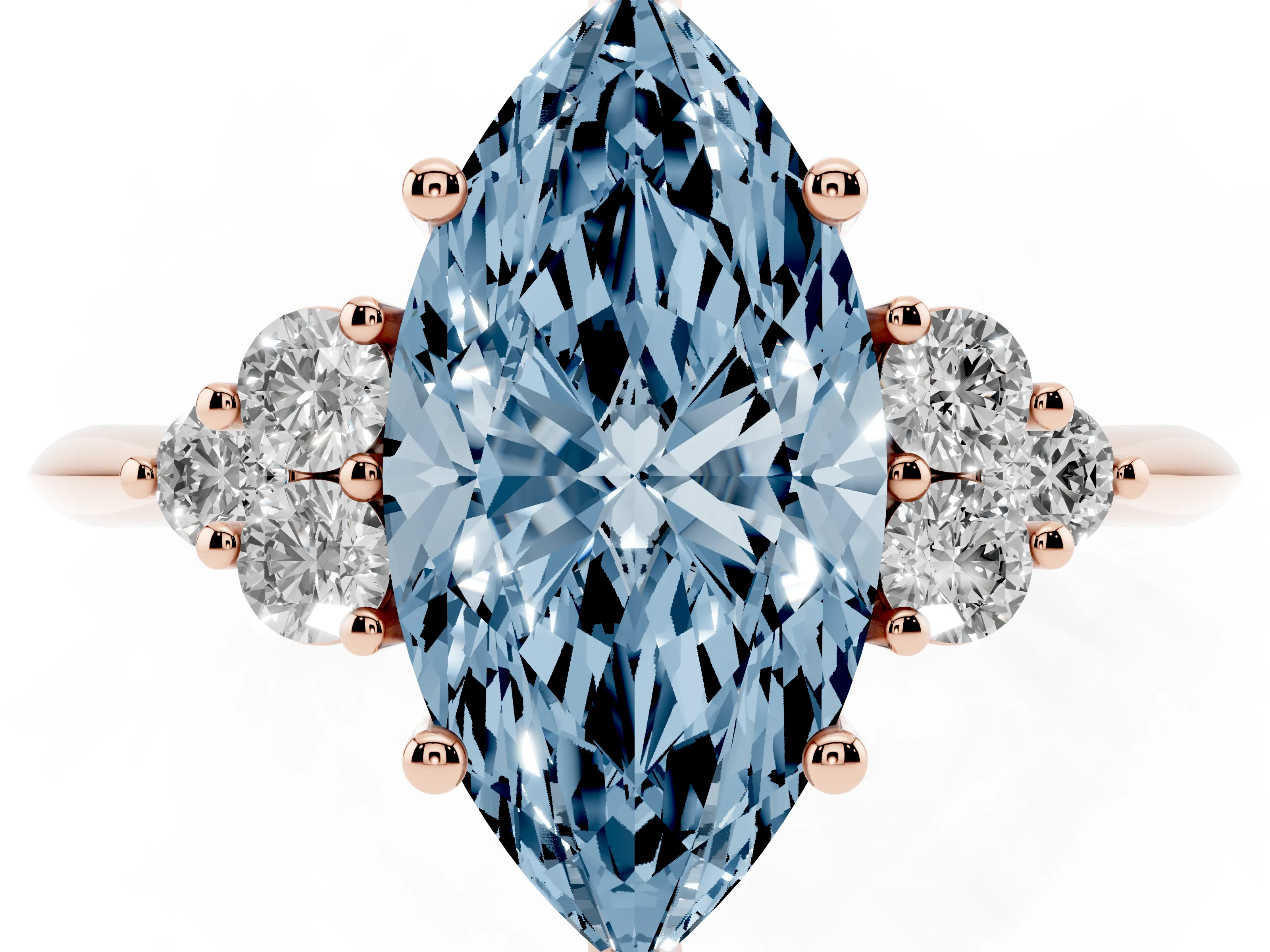 Fancy Blue Marquise Cut Diamond Cluster Ring Set in Rose gold with Plain Band and Prong Setting