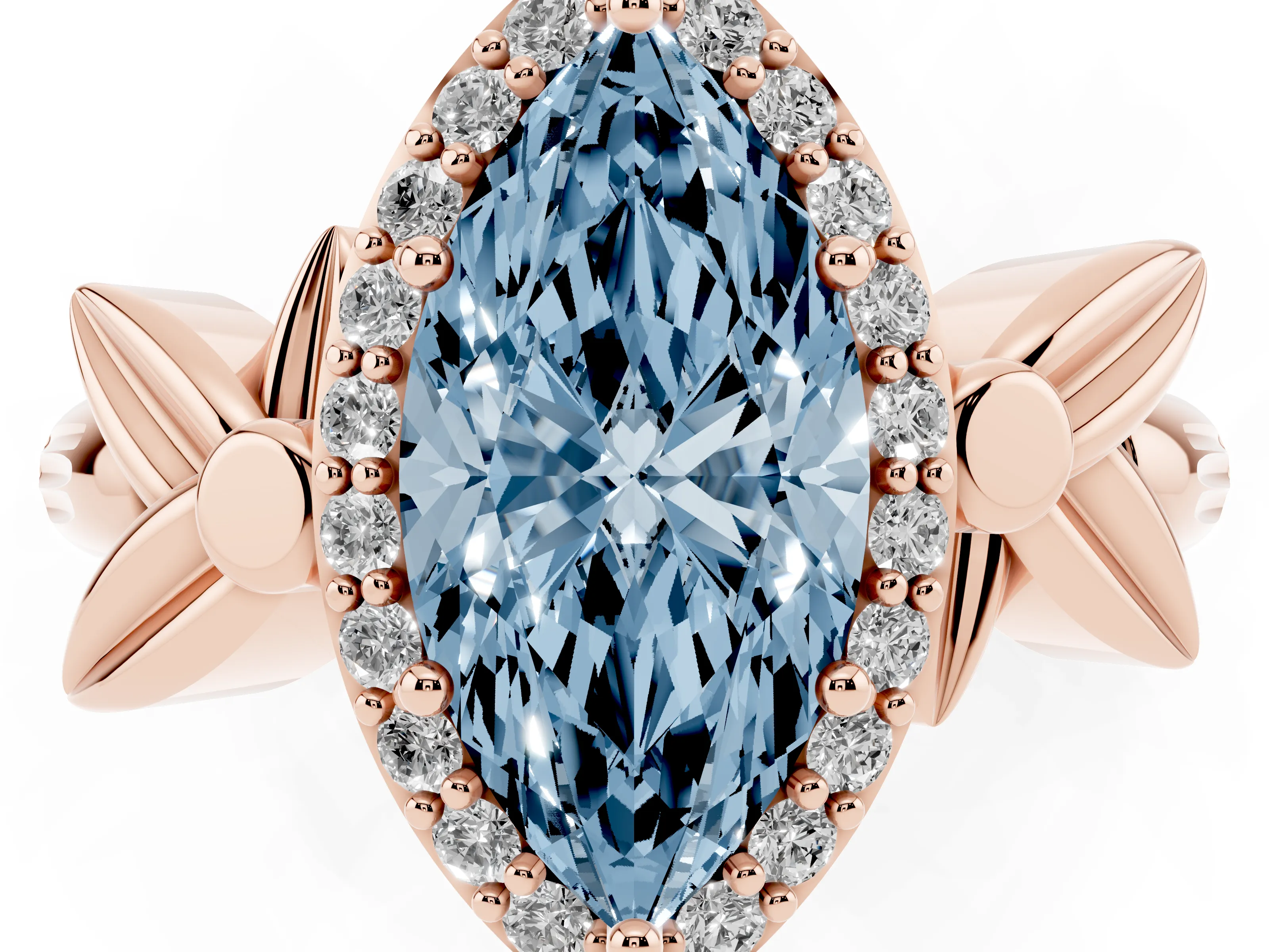 Fancy Blue Marquise Cut Diamond Halo Floral Band Ring Set in Rose gold with Prong Setting