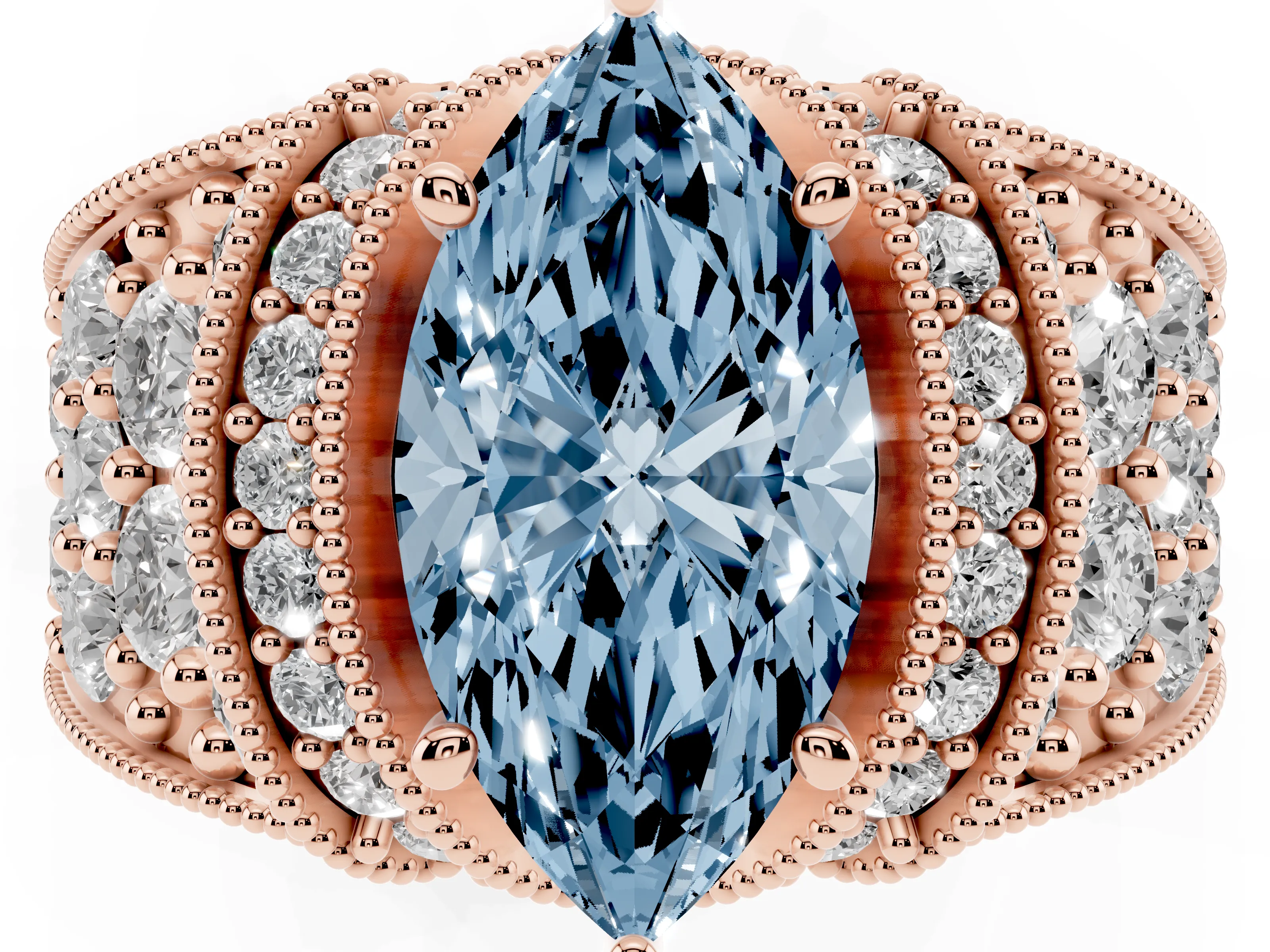 Fancy Blue Marquise Cut Diamond Milgrain Halo Pavé Engagement Ring Set in Rose gold with Prong Setting