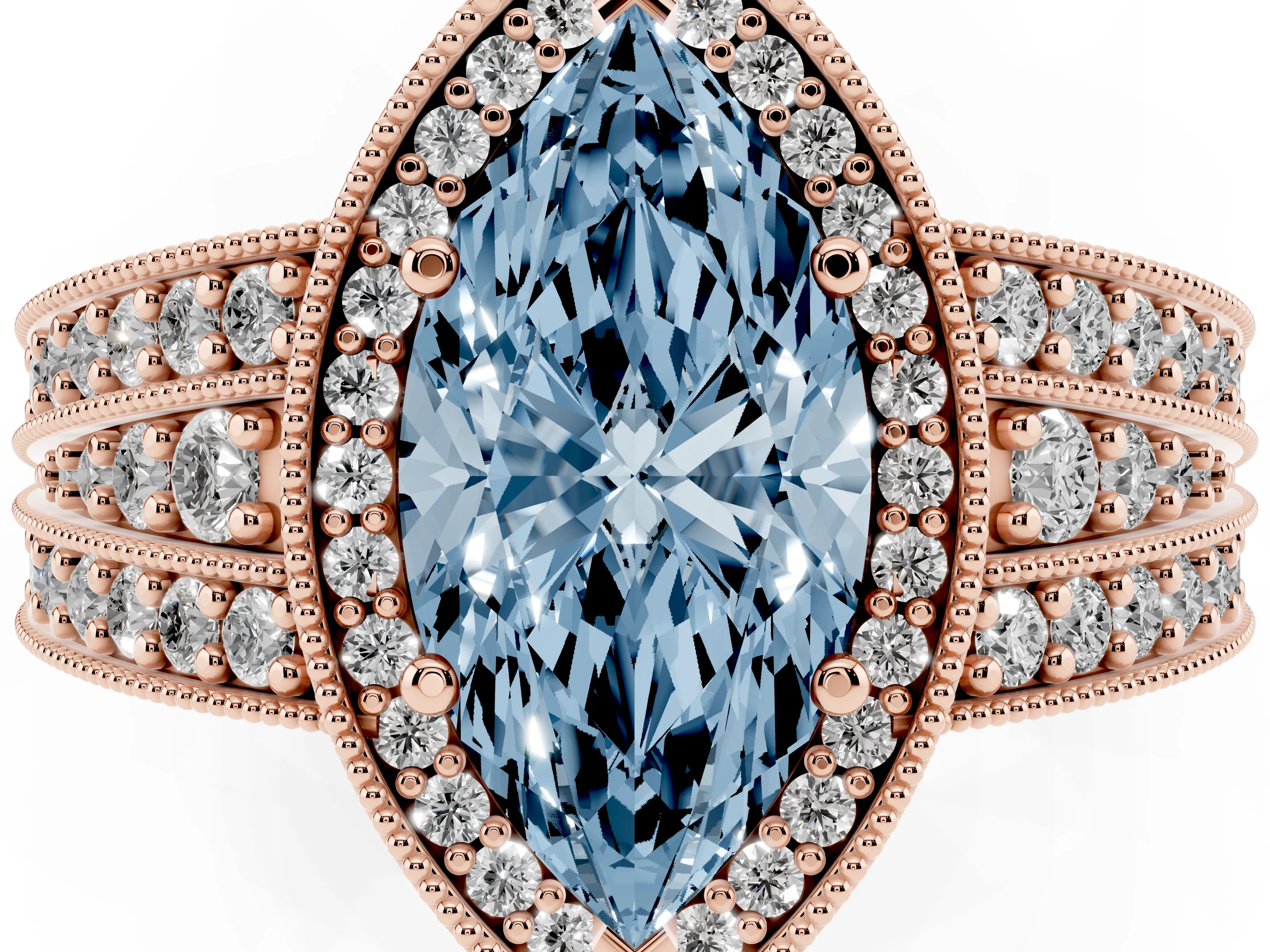 Fancy Blue Marquise Cut Diamond Halo Ring Set in Rose gold with Accent Split Shank and Prong Setting