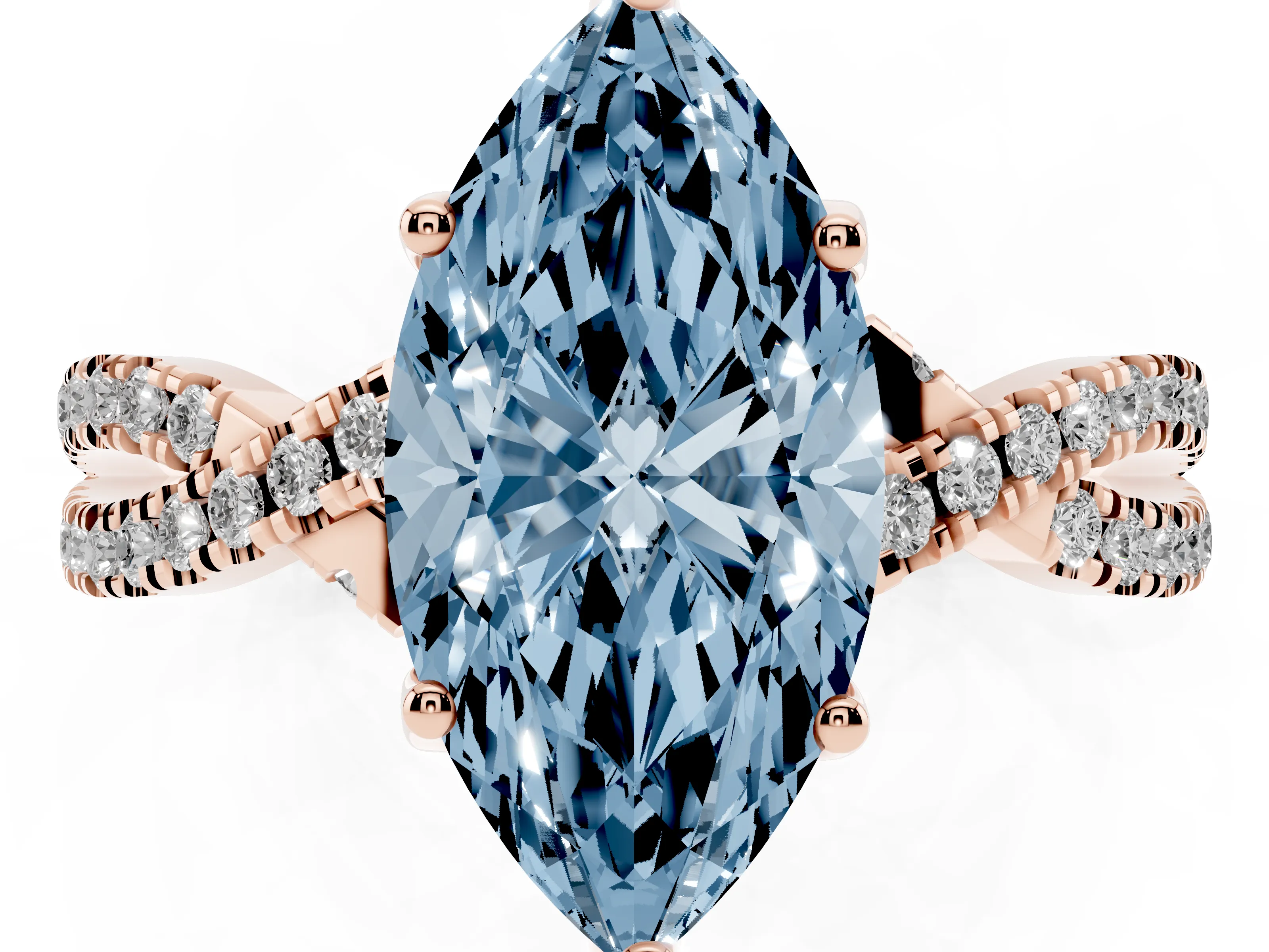 Fancy Blue Marquise Cut Diamond Twist Pavé Solitaire Engagement Ring Set in Rose gold with Prong Setting