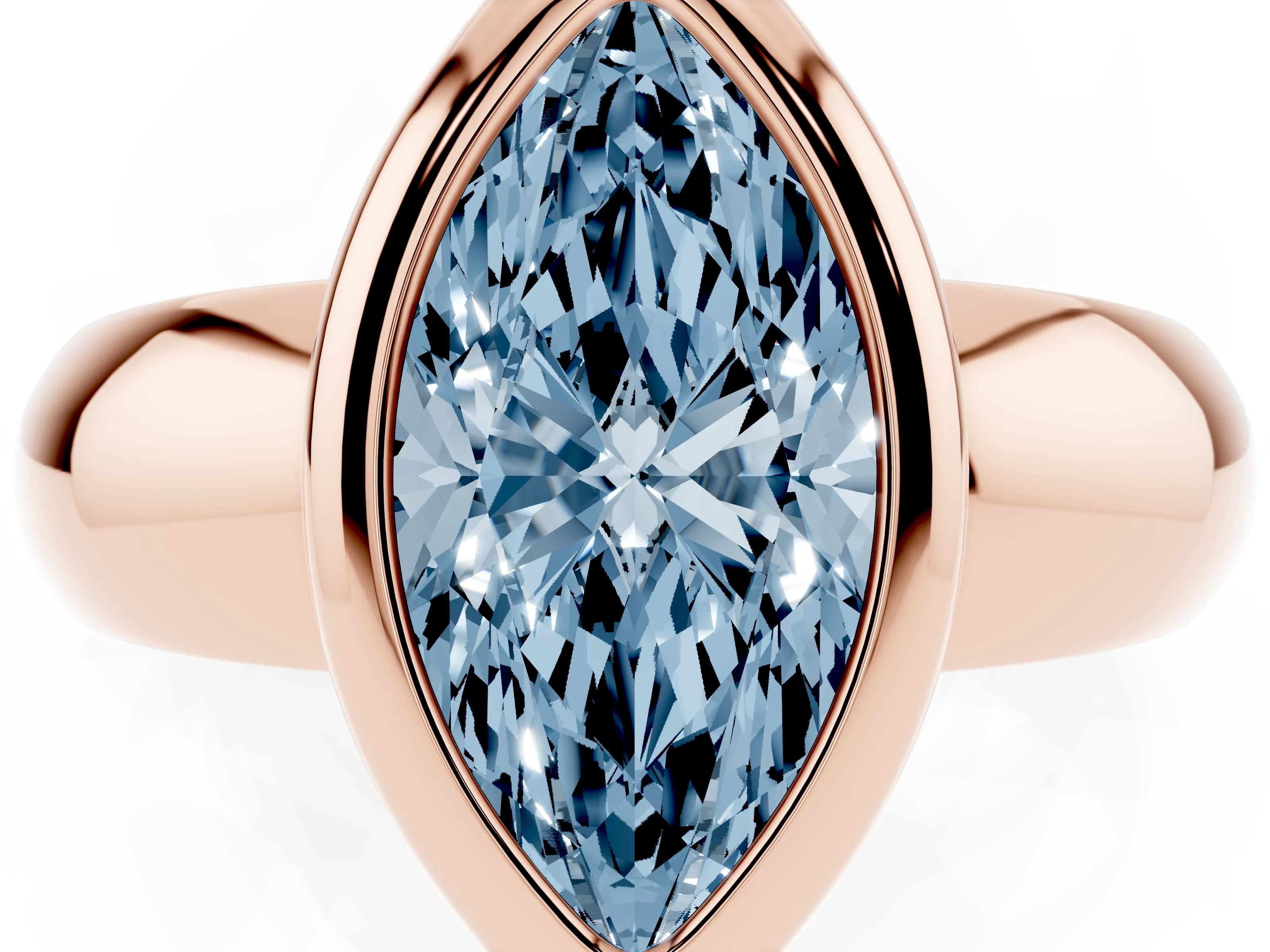 Fancy Blue Bezel Set Marquise Cut Diamond Solitaire Ring Set in Rose gold with Wide Band