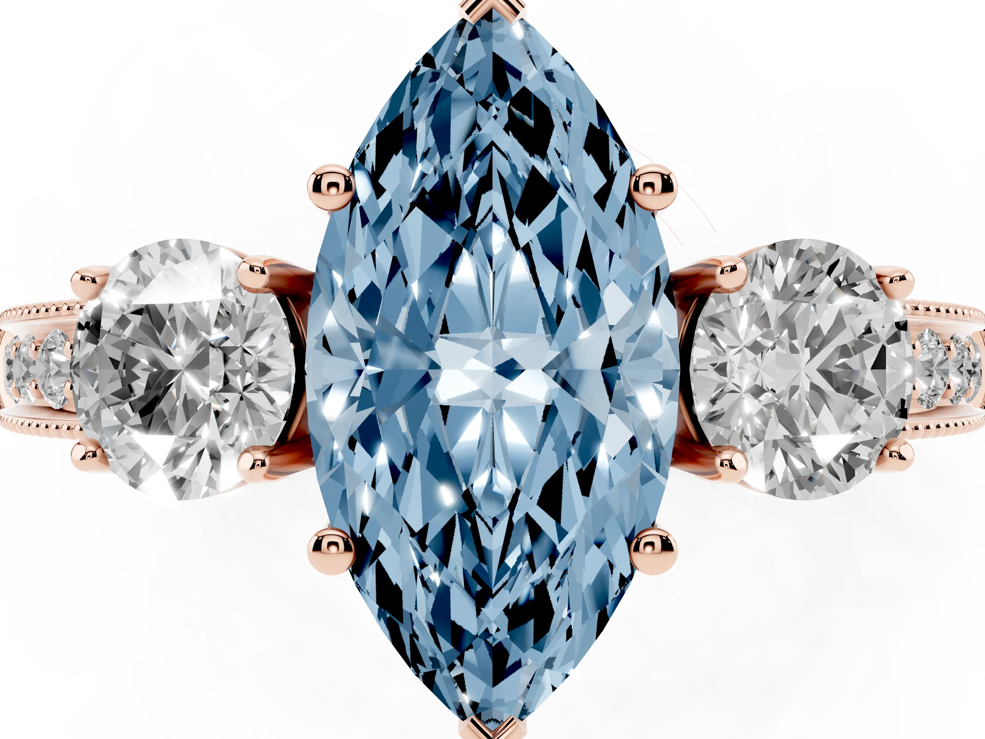 Fancy Blue Marquise Cut Diamond Three-Stone Ring Set in Rose gold with Round Side Stones and Pavé Band