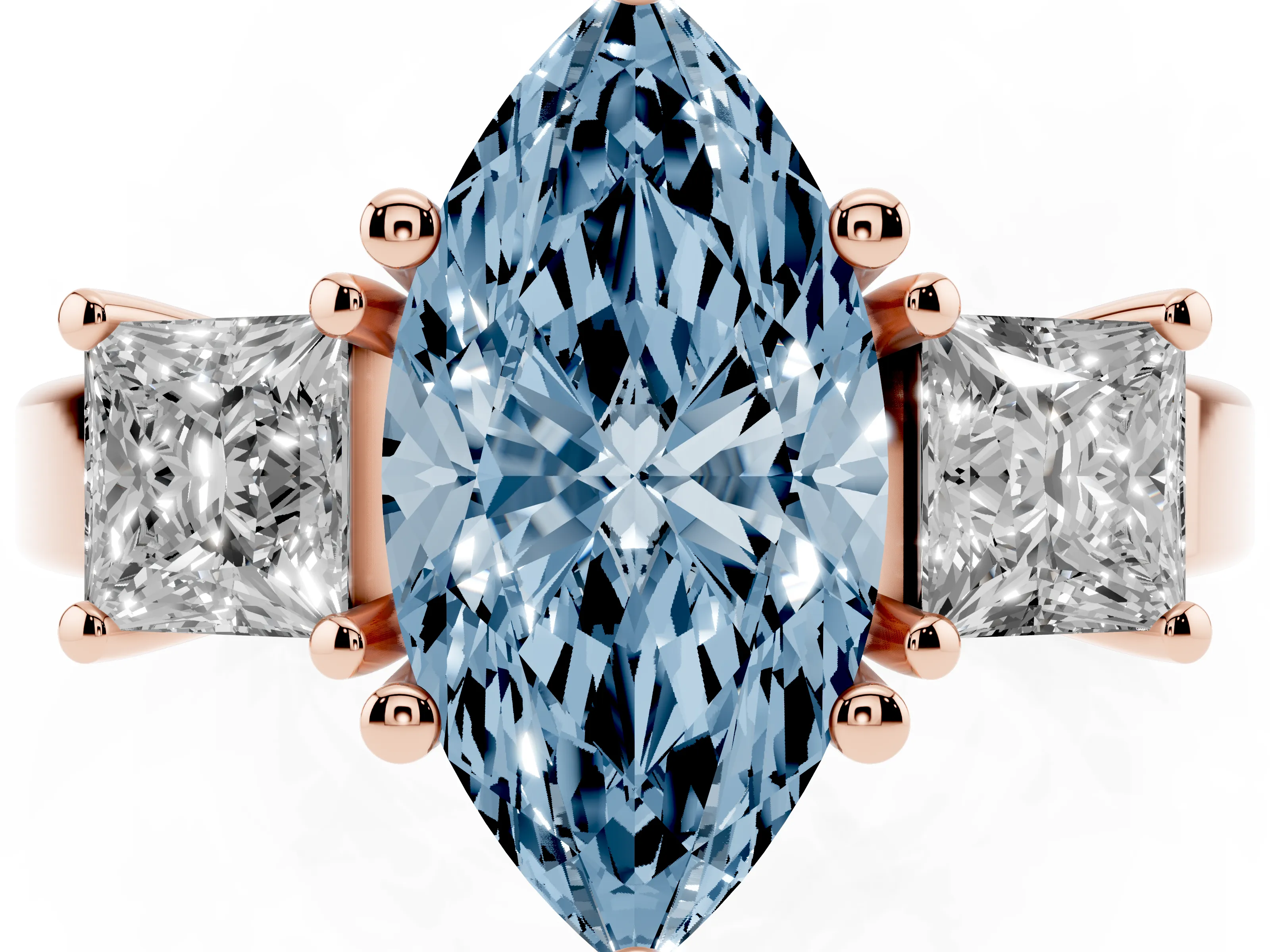 Fancy Blue Three-Stone Marquise Cut Diamond Solitaire Ring Set in Rose gold with Prong Setting