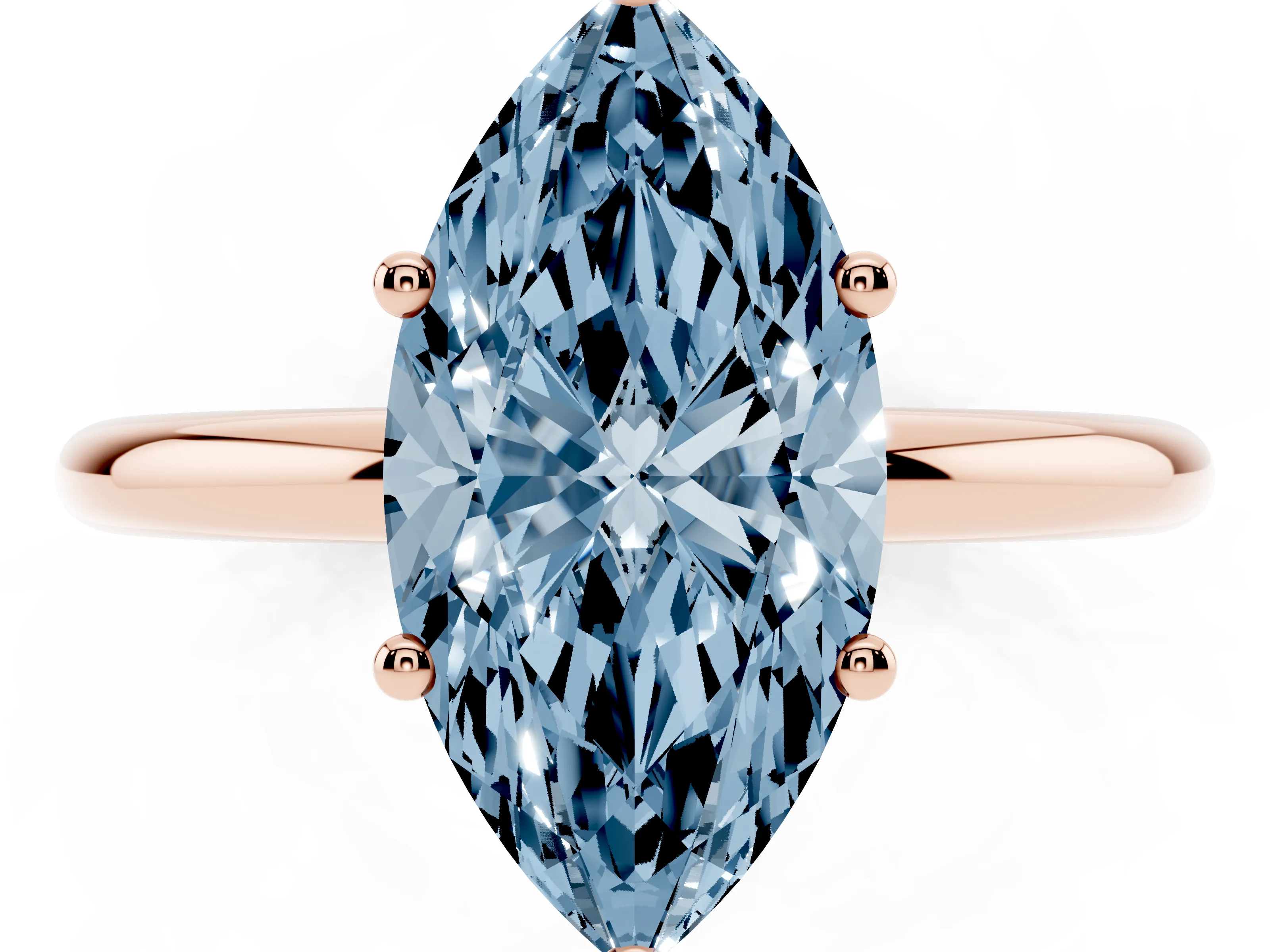 Fancy Blue Marquise Cut Diamond Solitaire Engagement Ring Set in Rose gold with Prong Setting and Polished Band