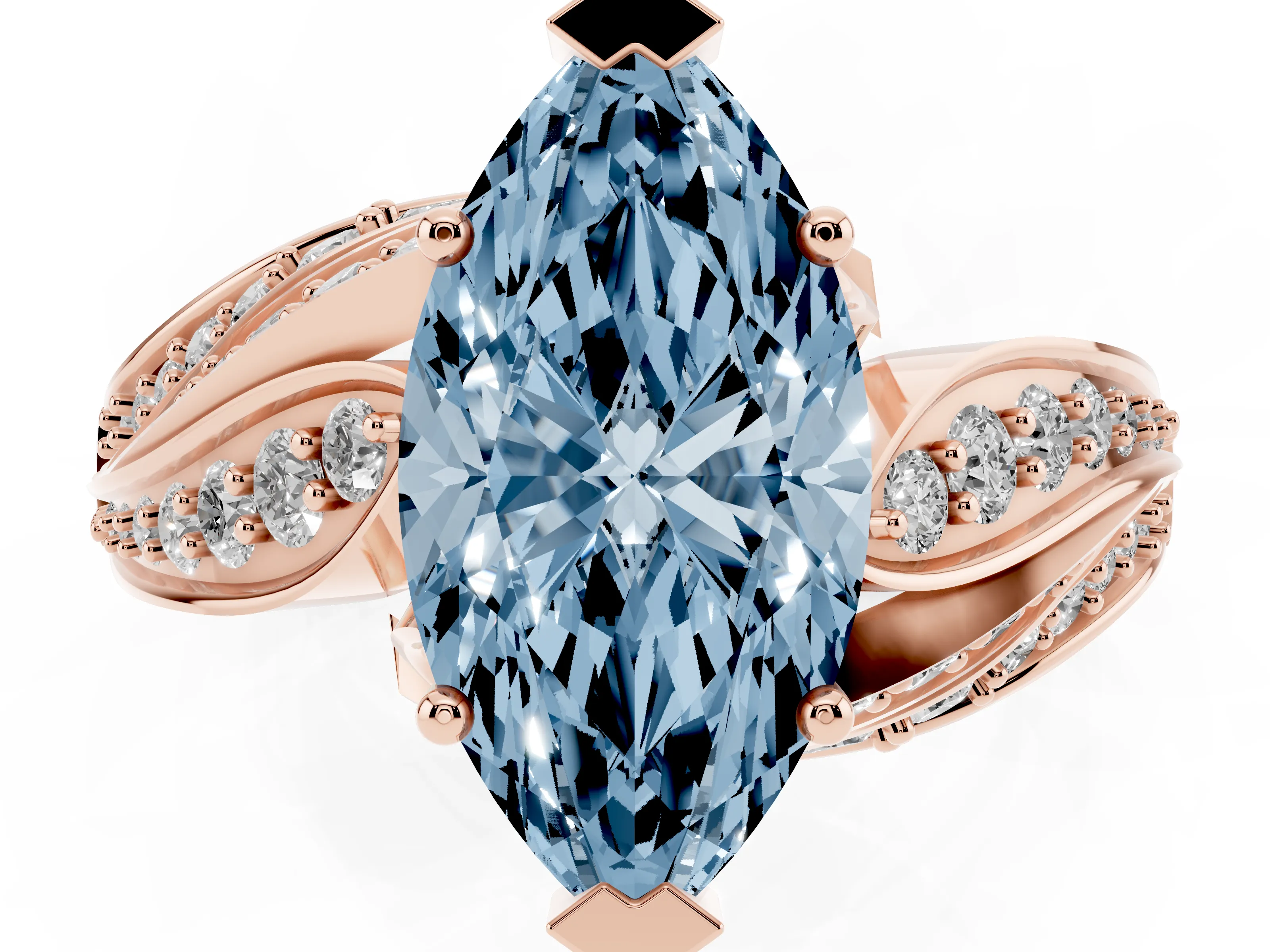 Fancy Blue Marquise Cut Diamond Solitaire Ring Set in Rose gold with Layered Twist Pavé Band
