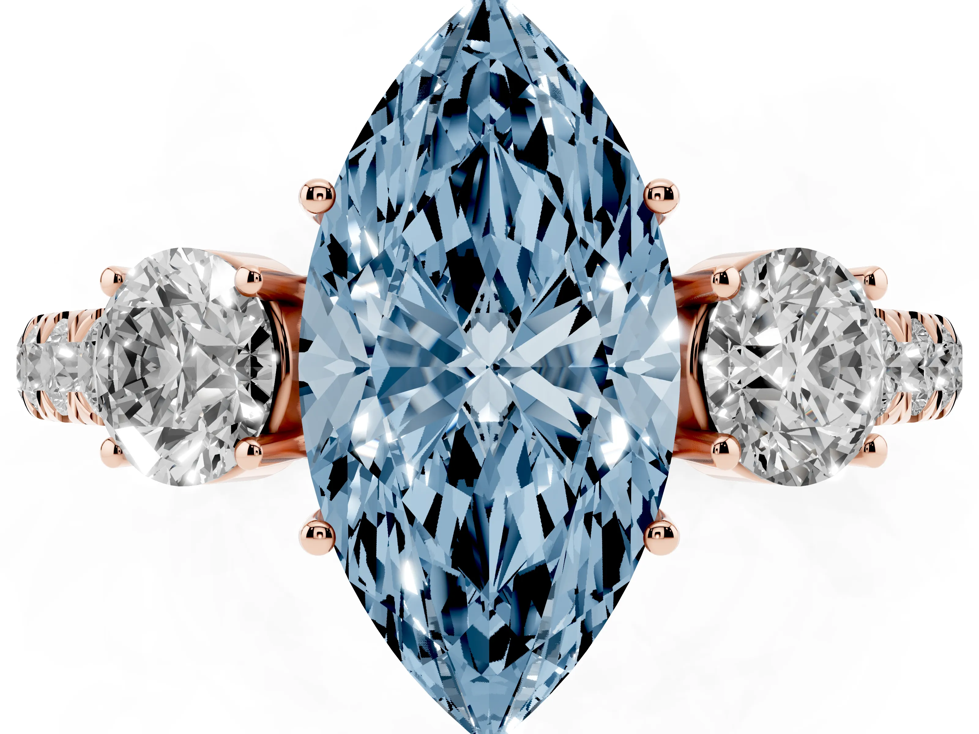 Fancy Blue Marquise Cut Diamond Three-Stone Ring Set in Rose gold with Round Side Stones and Delicate Pavé Band