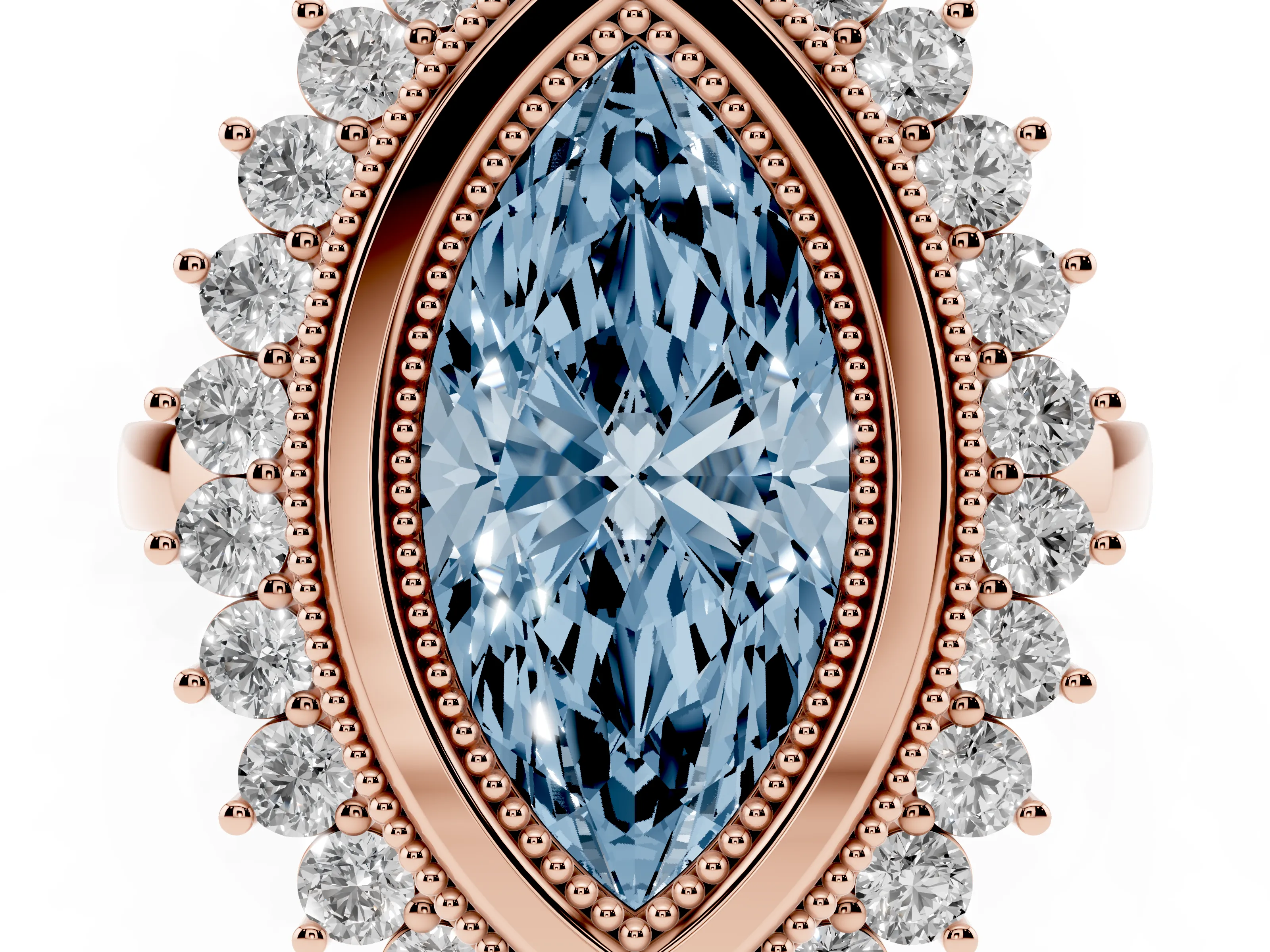 Fancy Blue Marquise Cut Diamond Halo Ring Set in Rose gold with Milgrain Edge and Round Prong Setting