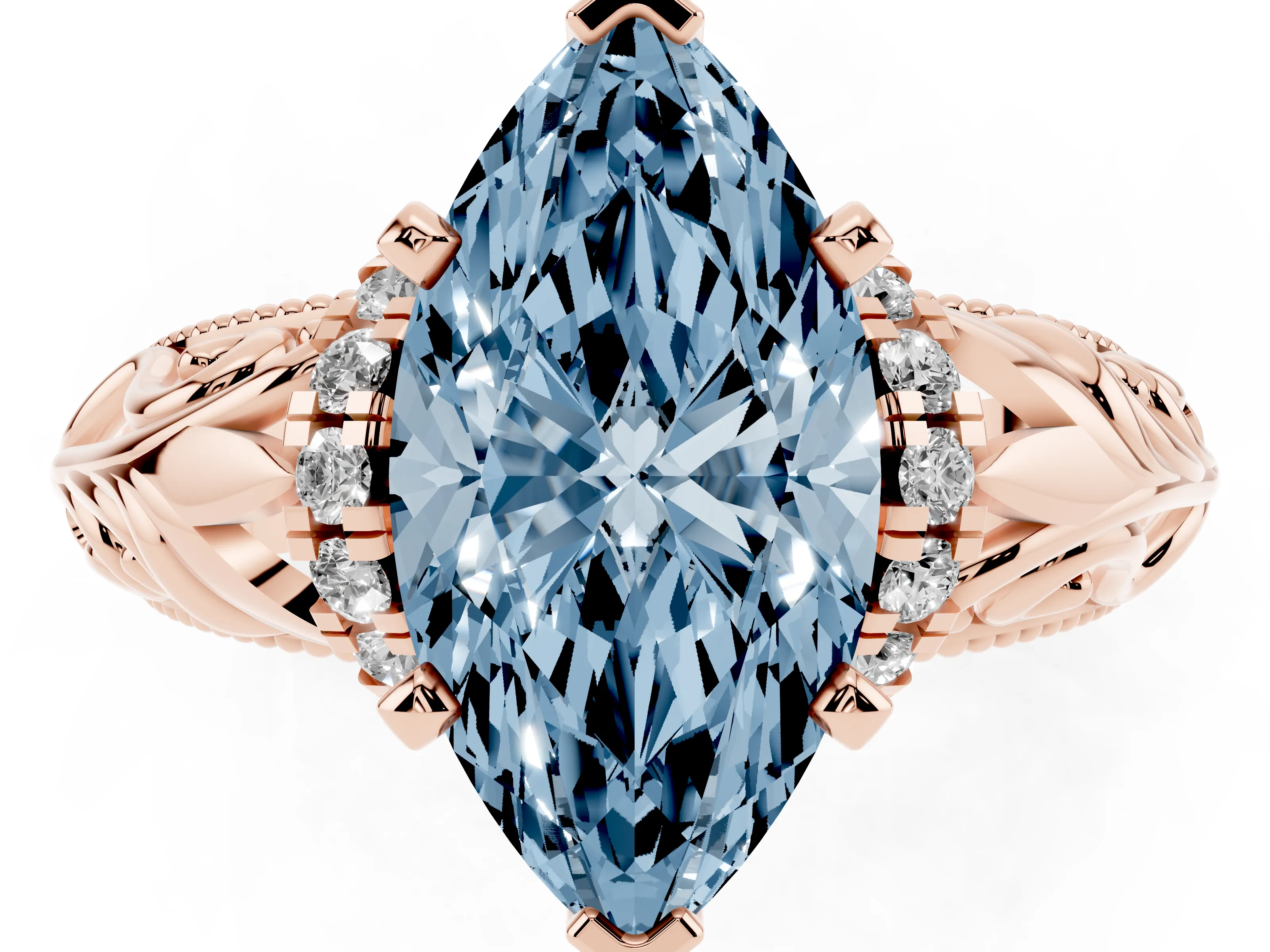 Fancy Blue Marquise Cut Diamond Filigree Halo Engagement Ring Set in Rose gold with Prong Setting