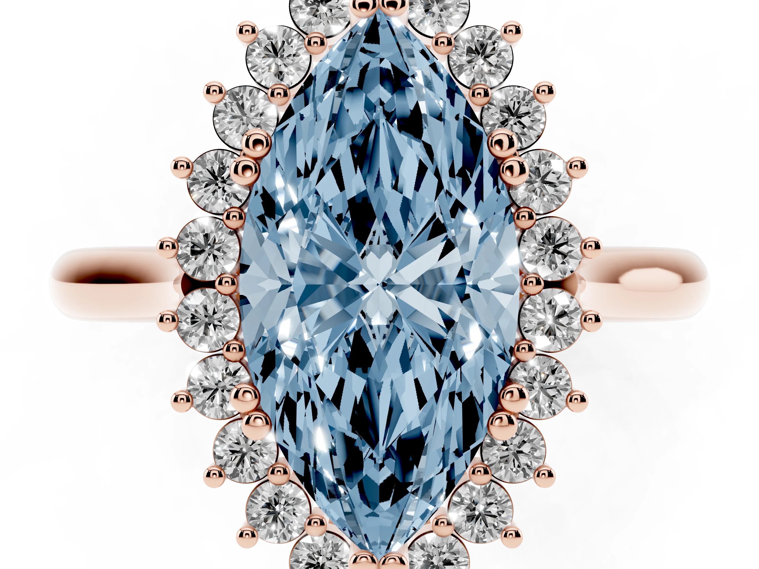Fancy Blue Marquise Cut Diamond Halo Ring Set in Rose gold with Plain Solitaire Band and Prong Setting